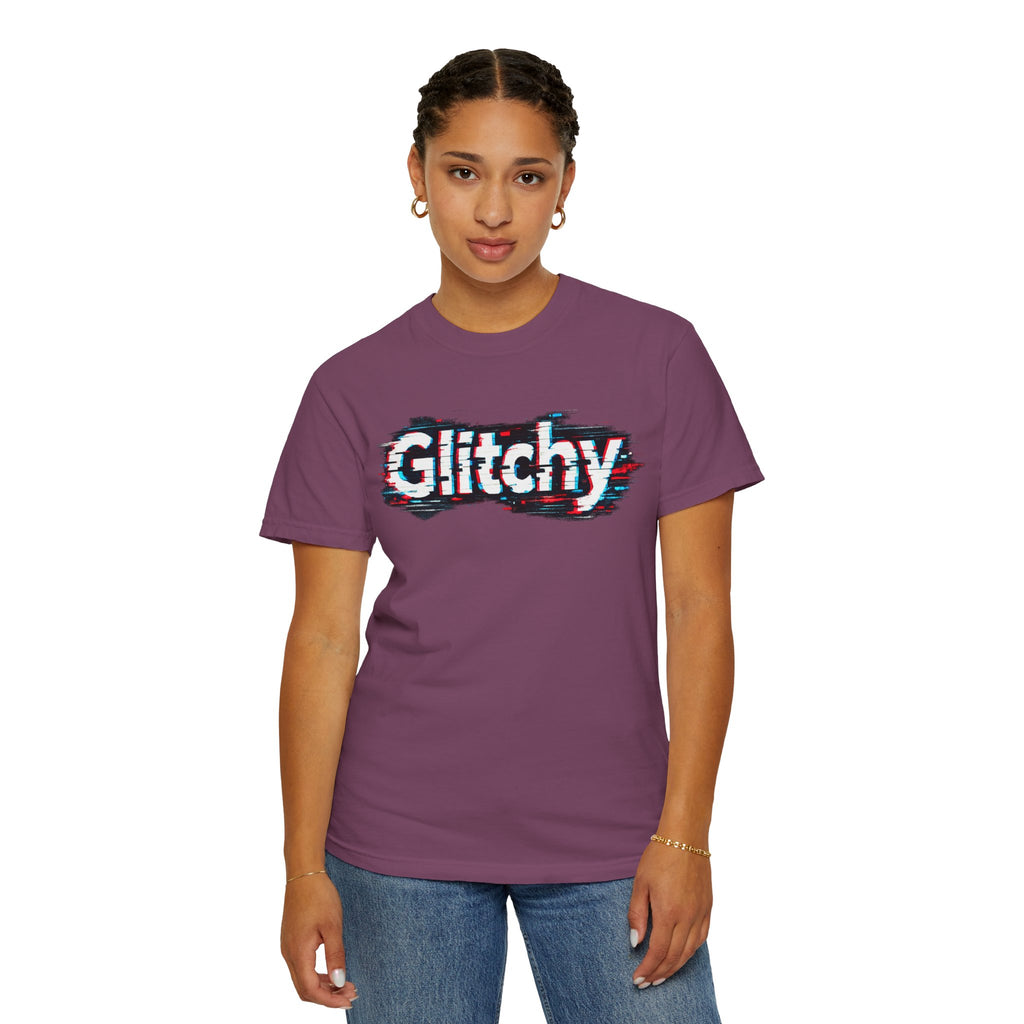 Glitchy Graphic T-Shirt — Retro Glitch Text Tee (Front "GO", Back "Glitchy")