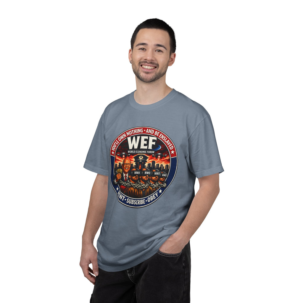 T-Shirt — WEF Dystopian Retro Logo “Rent • Subscribe • Obey”