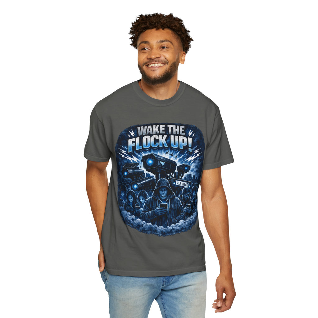 T-Shirt — "Wake the Flock Up" V2 Protest Graphic Tee (Bold Blue Dystopian Design)