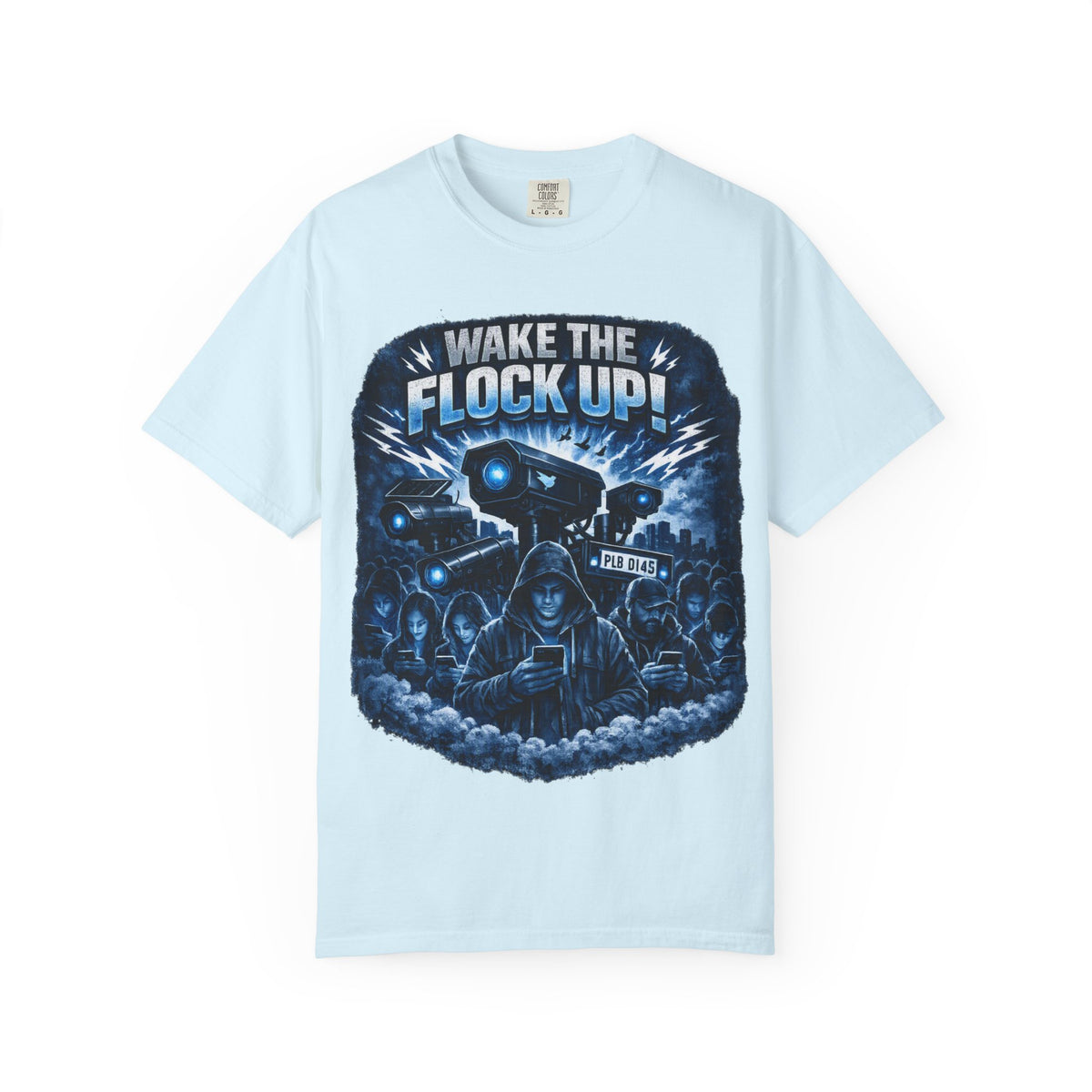 T-Shirt — "Wake the Flock Up" V2 Protest Graphic Tee (Bold Blue Dystopian Design)