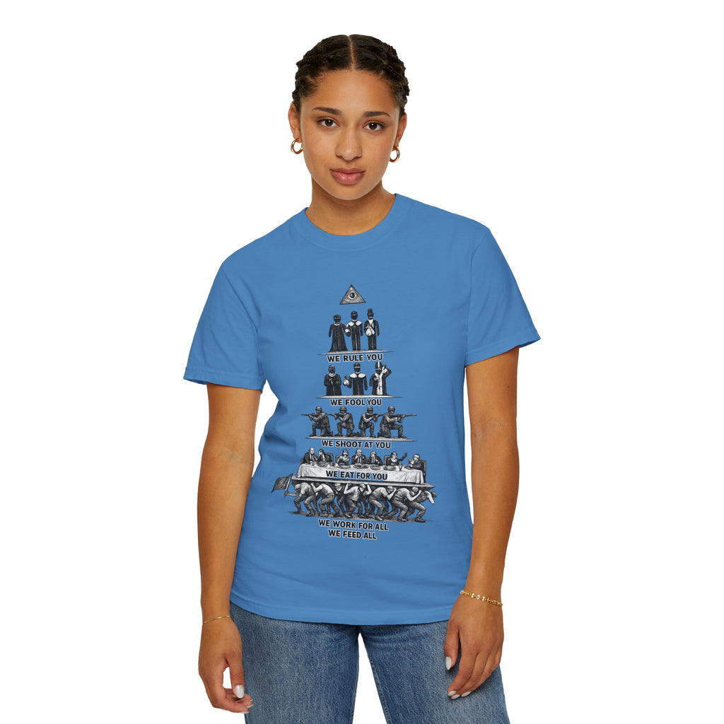 T-Shirt — Hierarchy of Power Graphic Tee ("We Rule You / We Fool You / We Shoot At You / We Eat For You / We Work For All / We Feed All")