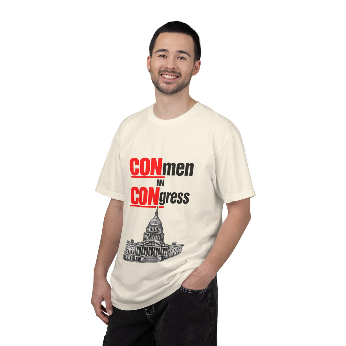 T-Shirt — "CONmen in CONgress" Political Satire Tee with Capitol Graphic