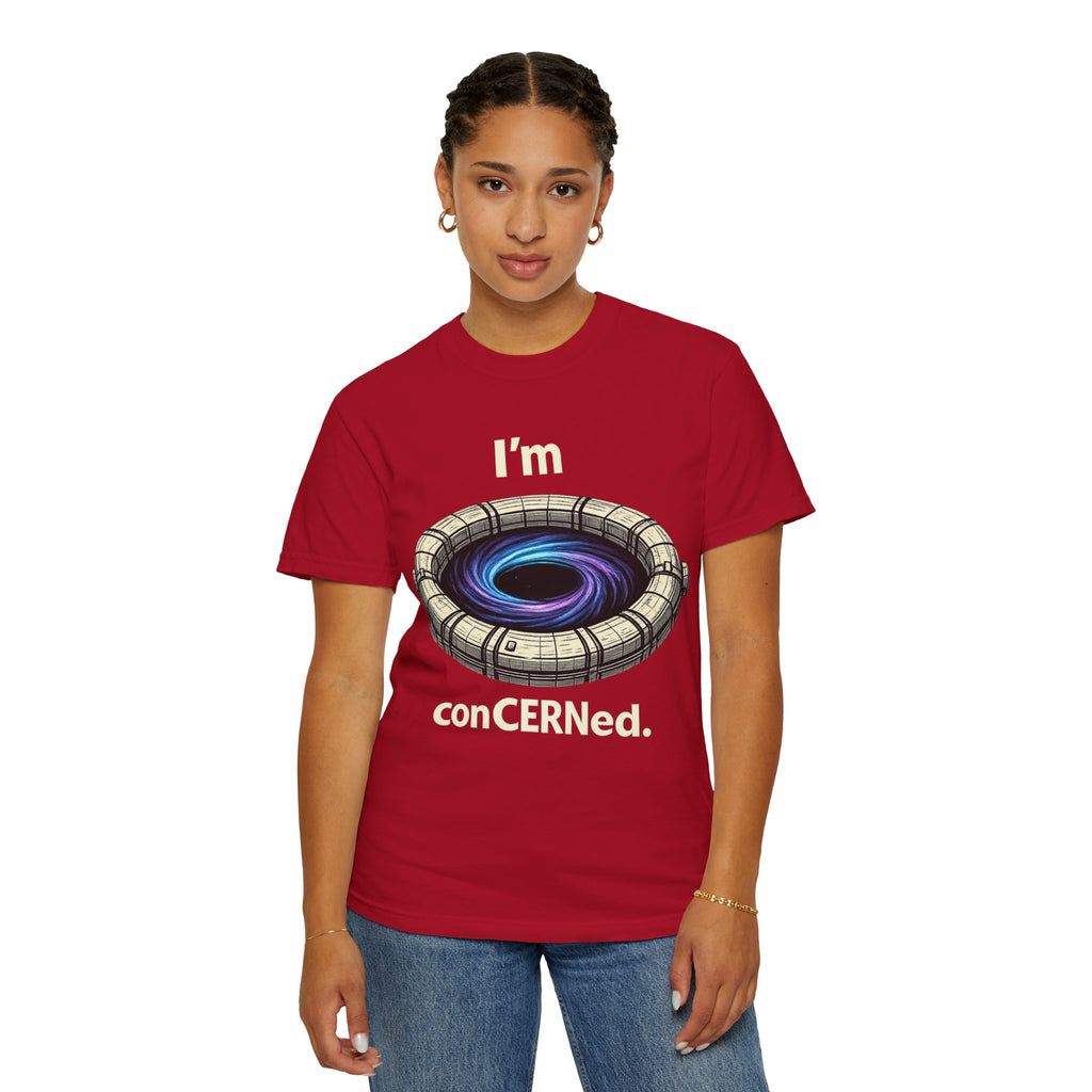 T-Shirt — "I'm conCERNed." Black Hole CERN Physics Science Tee
