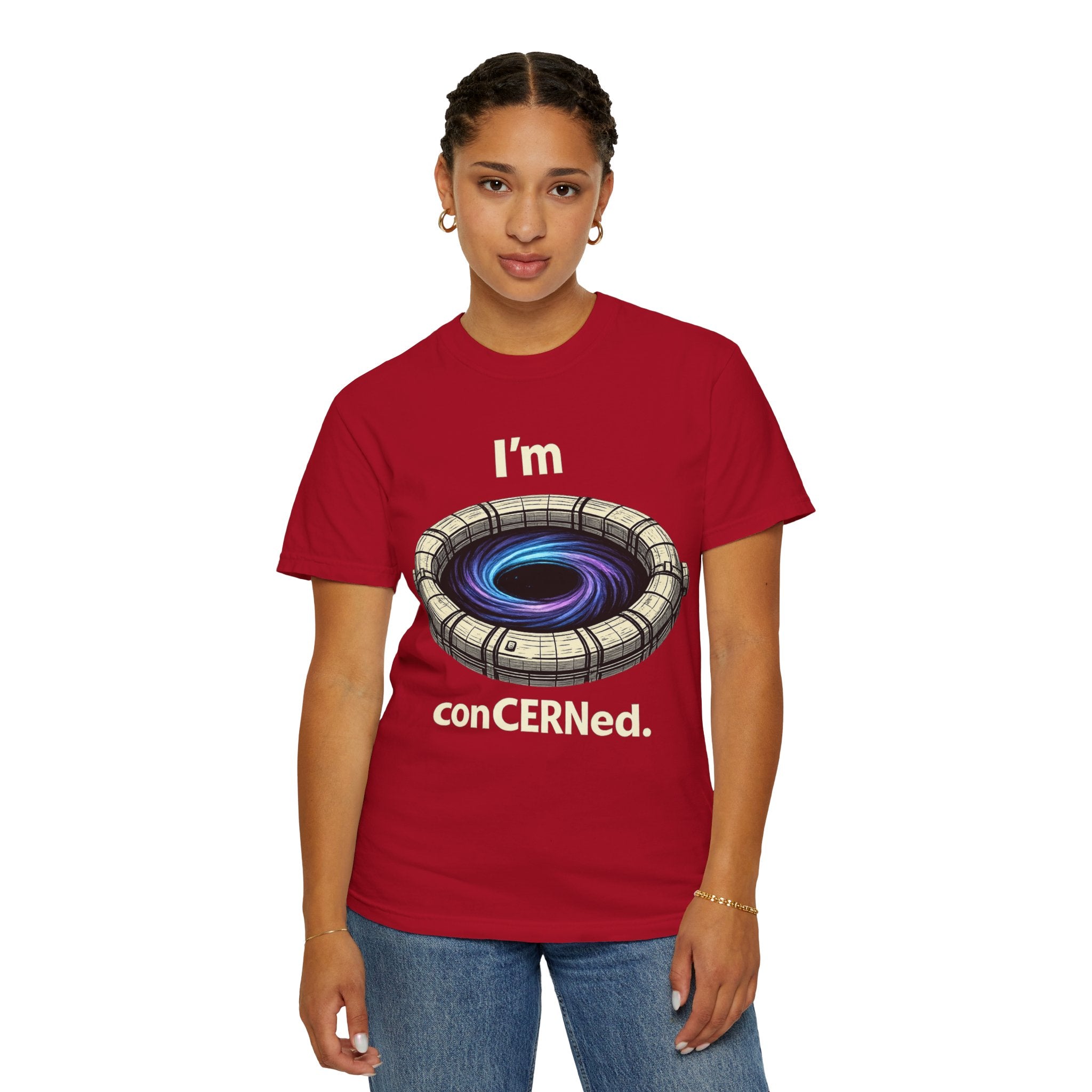 T-Shirt — "I'm conCERNed." Black Hole CERN Physics Science Tee