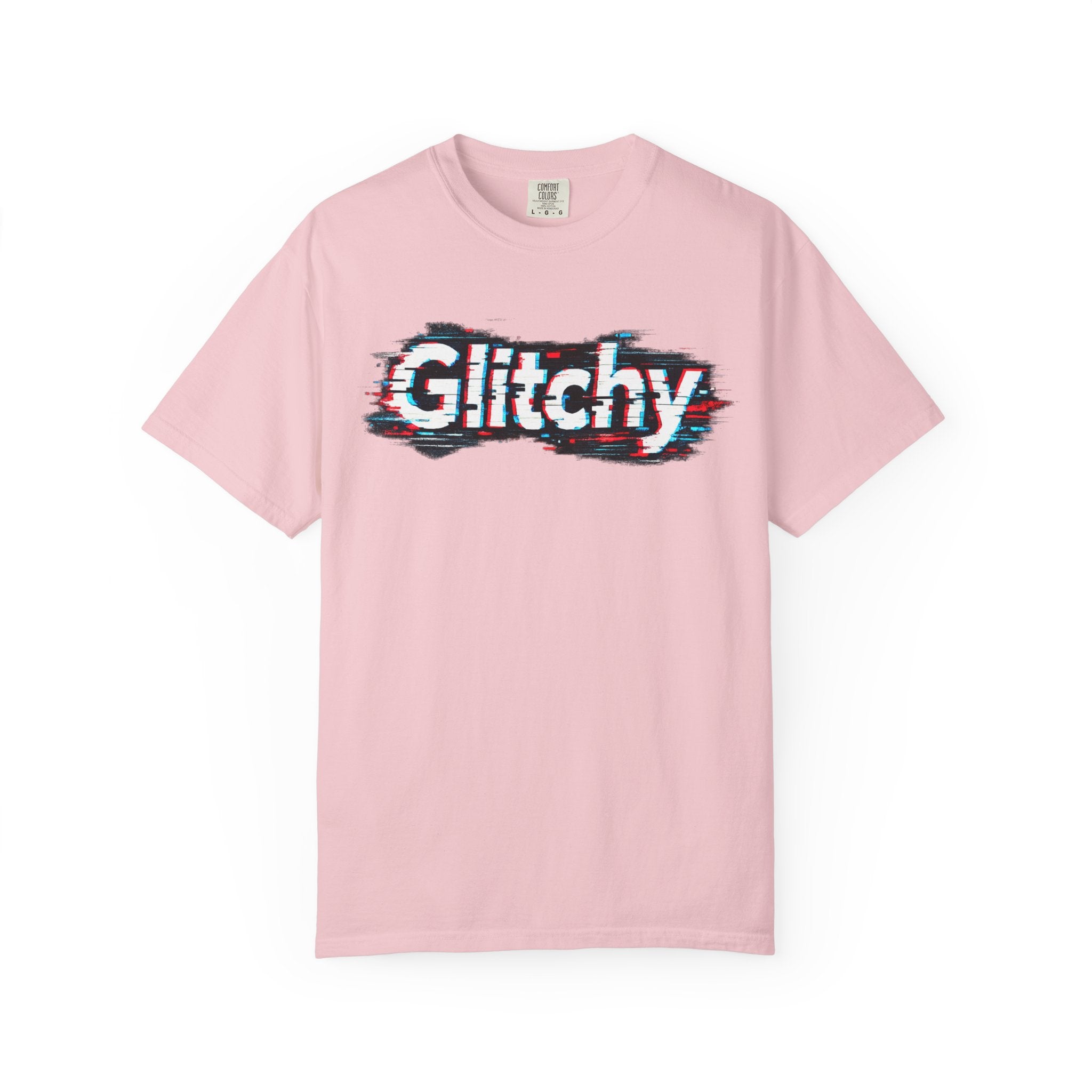 Glitchy Graphic T-Shirt — Retro Glitch Text Tee (Front "GO", Back "Glitchy")