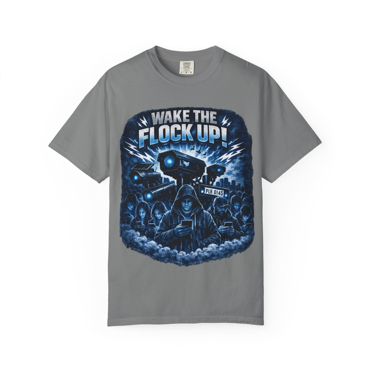T-Shirt — "Wake the Flock Up" V2 Protest Graphic Tee (Bold Blue Dystopian Design)