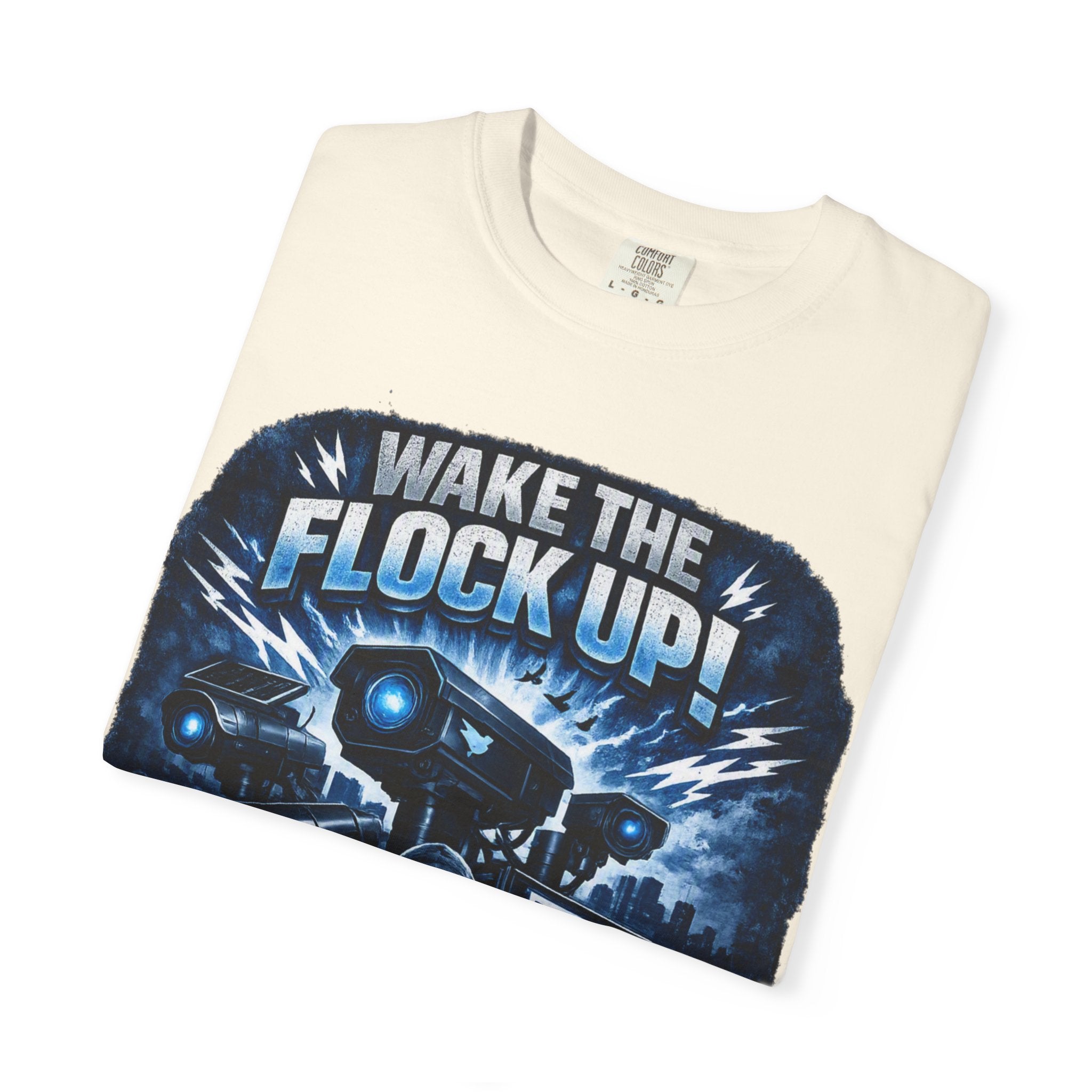 T-Shirt — "Wake the Flock Up" V2 Protest Graphic Tee (Bold Blue Dystopian Design)