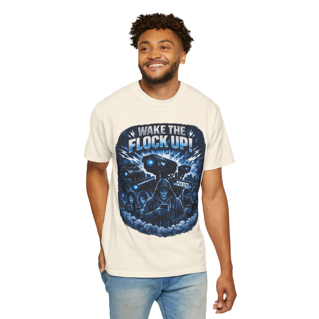 T-Shirt — "Wake the Flock Up" V2 Protest Graphic Tee (Bold Blue Dystopian Design)