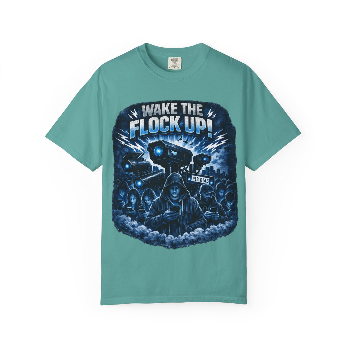 T-Shirt — "Wake the Flock Up" V2 Protest Graphic Tee (Bold Blue Dystopian Design)