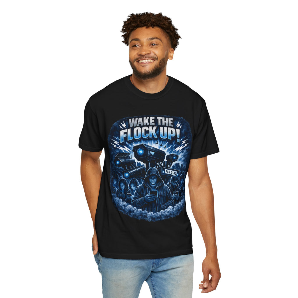 T-Shirt — "Wake the Flock Up" V2 Protest Graphic Tee (Bold Blue Dystopian Design)