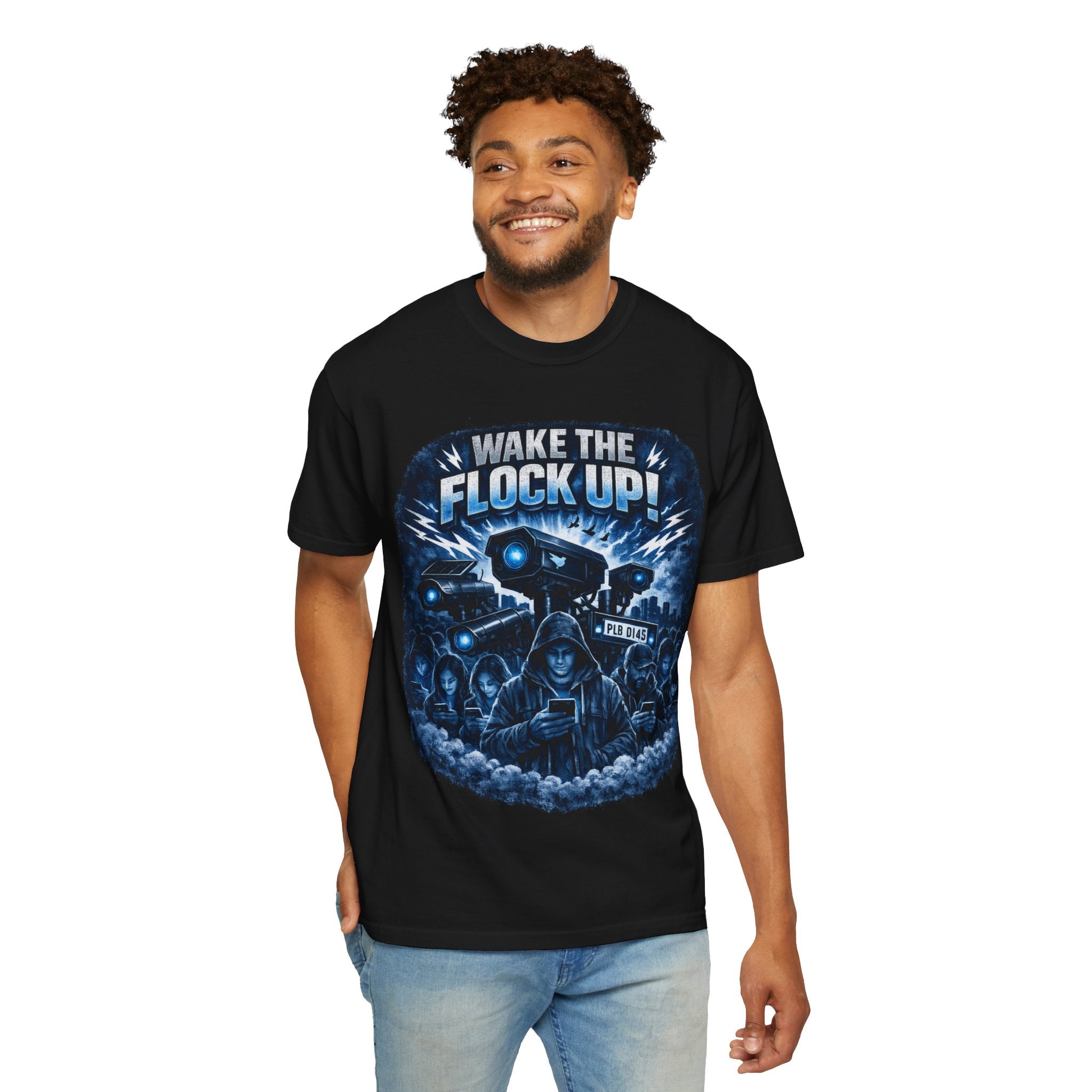 T-Shirt — "Wake the Flock Up" V2 Protest Graphic Tee (Bold Blue Dystopian Design)