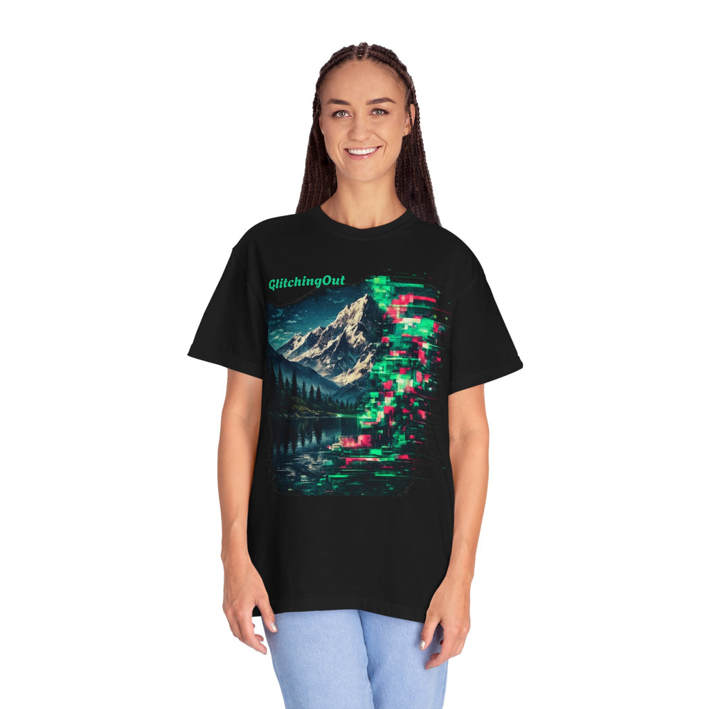 GlitchingOut Mountain Landscape T-Shirt — Retro Glitch Nature Graphic Tee