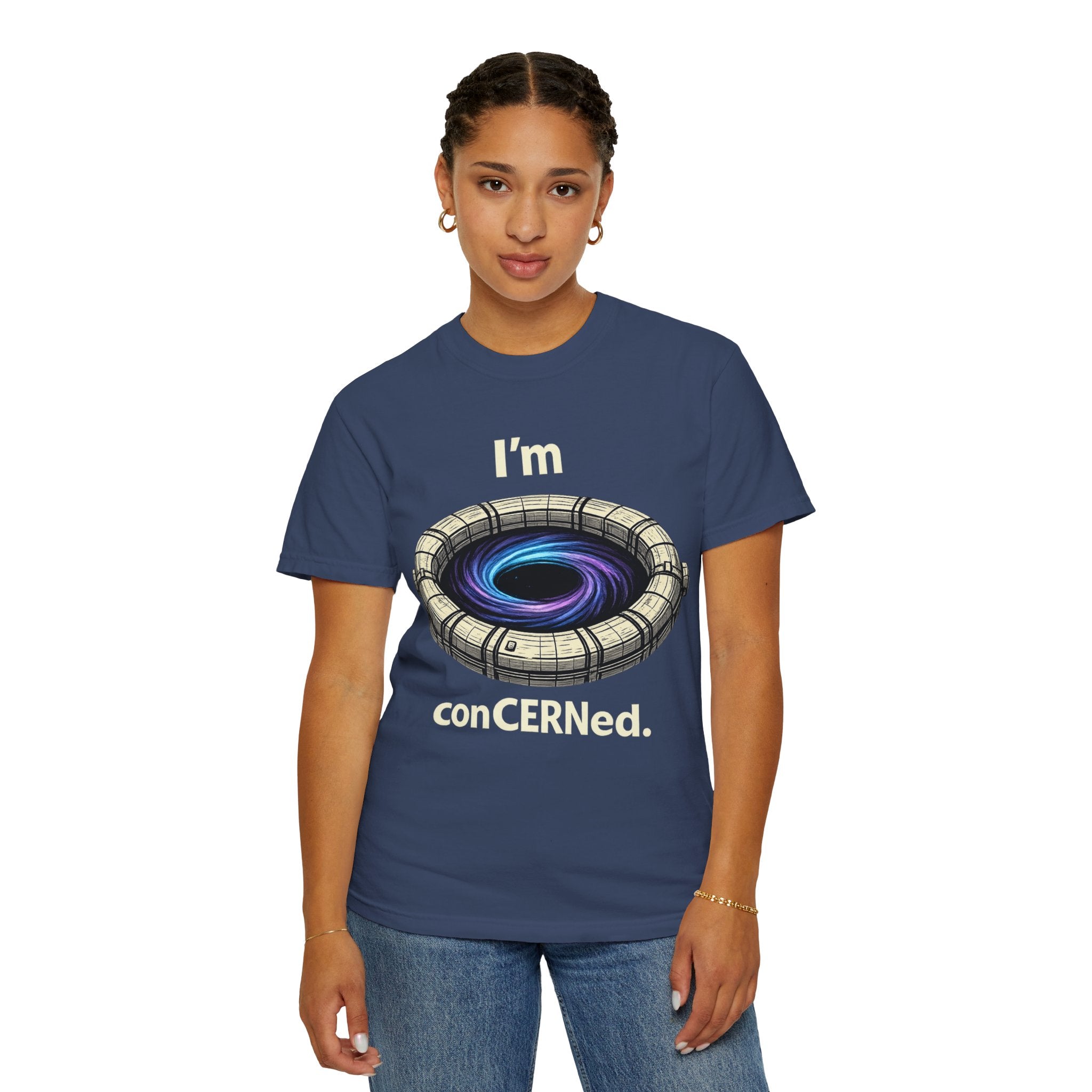 T-Shirt — "I'm conCERNed." Black Hole CERN Physics Science Tee
