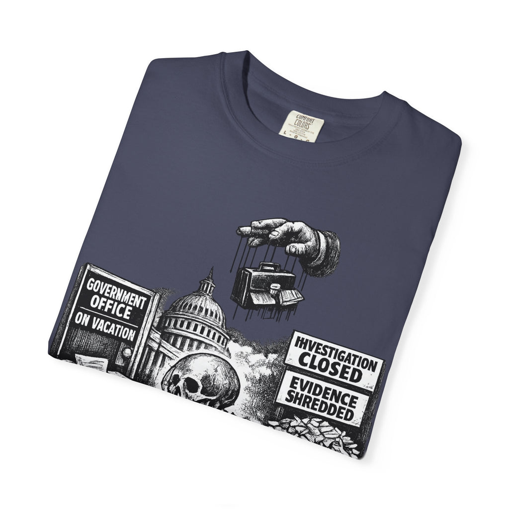 Graphic Tee — "Waiting for the Government to End Corruption" Political Skeletal Design