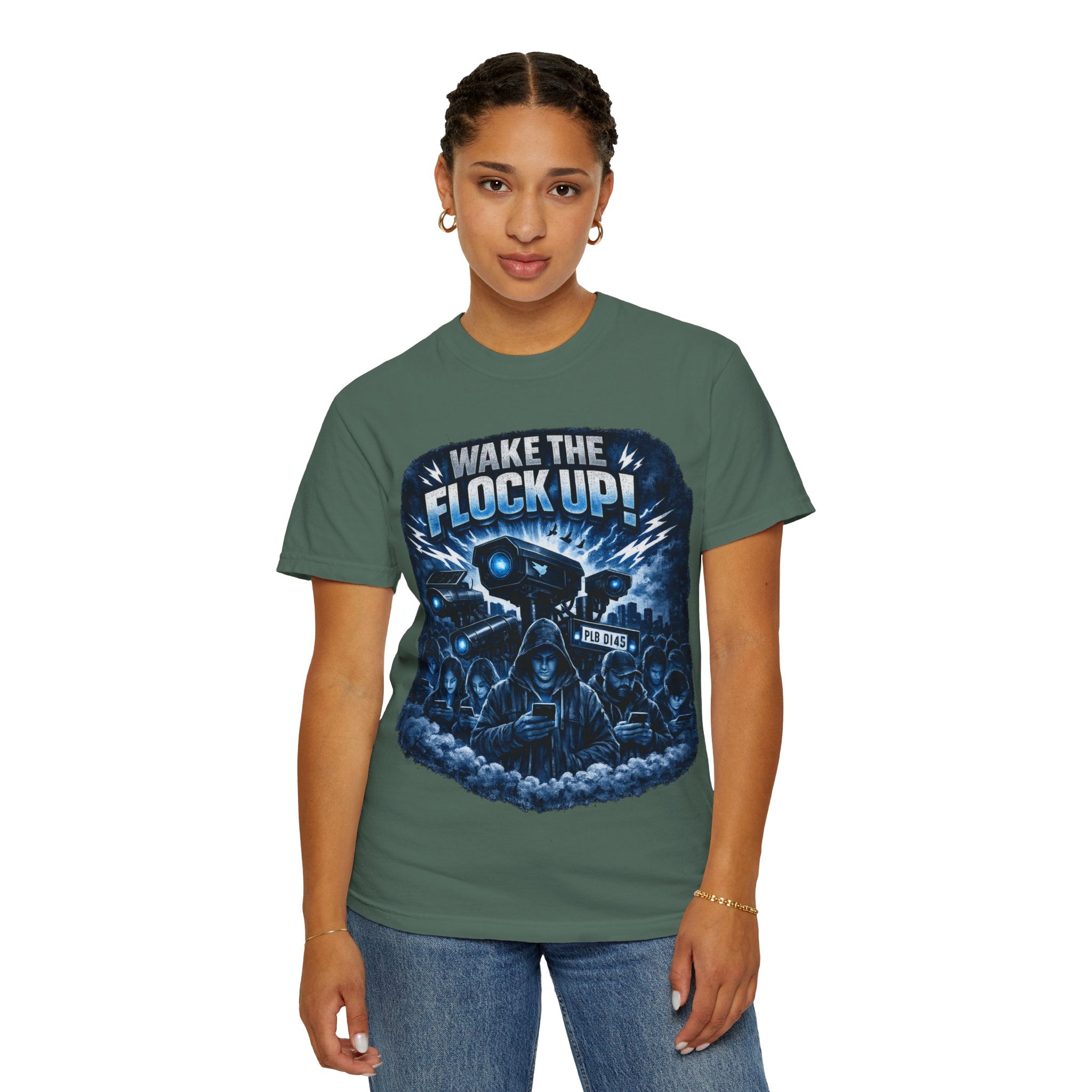 T-Shirt — "Wake the Flock Up" V2 Protest Graphic Tee (Bold Blue Dystopian Design)
