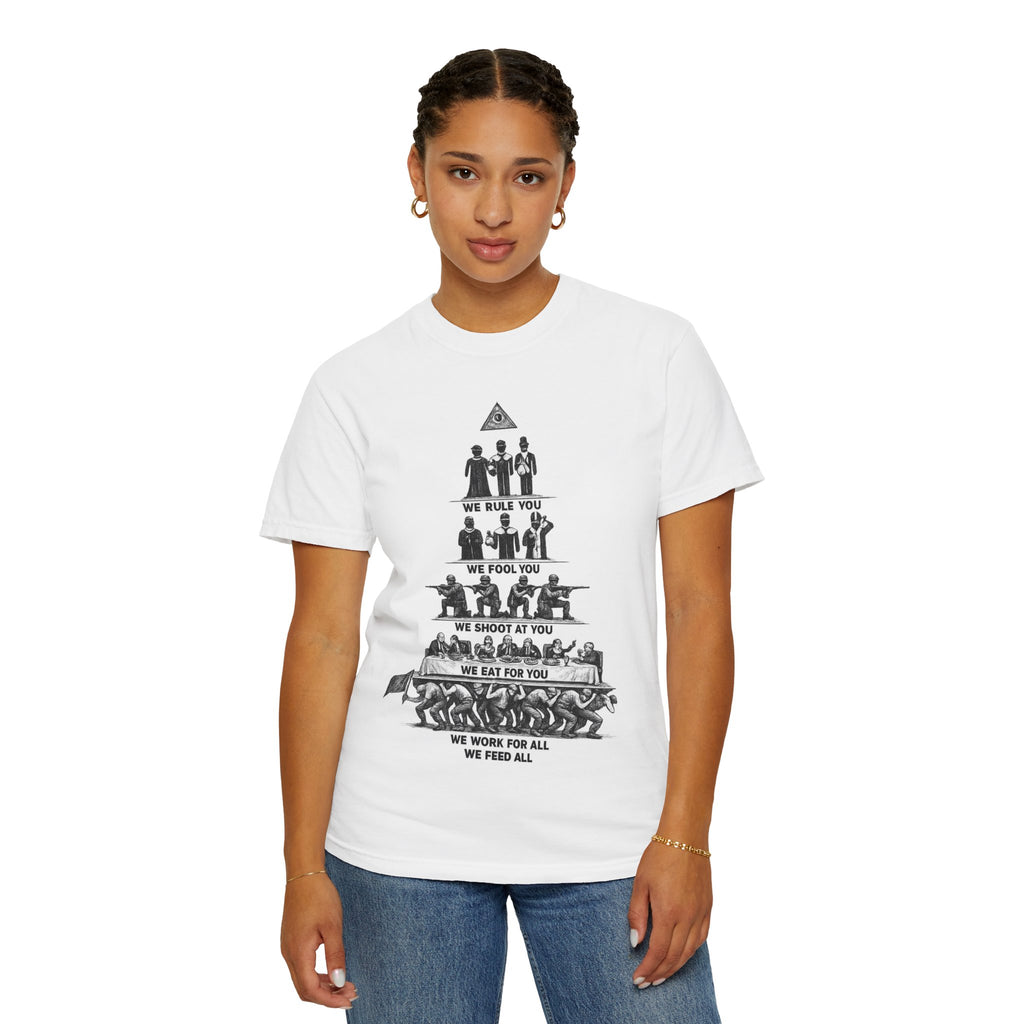 T-Shirt — Hierarchy of Power Graphic Tee ("We Rule You / We Fool You / We Shoot At You / We Eat For You / We Work For All / We Feed All")