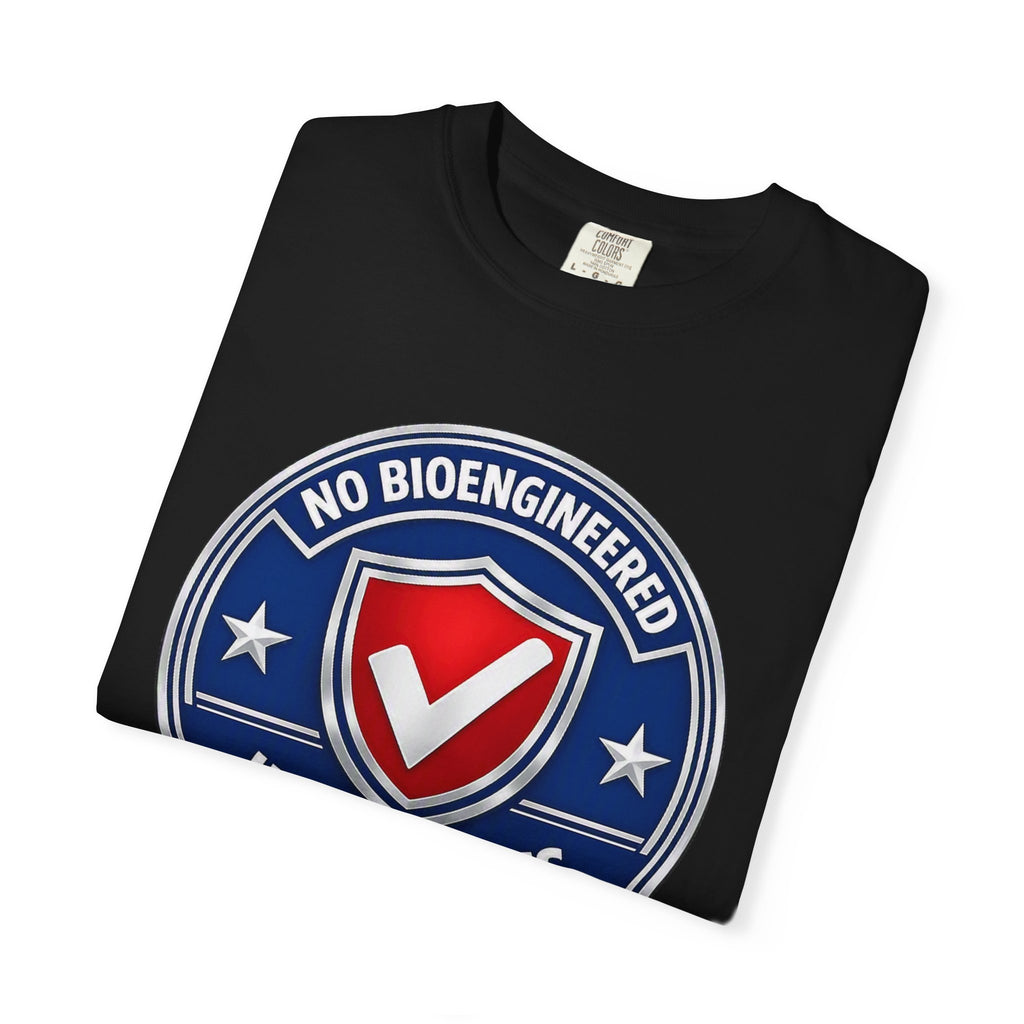 No Bioengineered Ingredients T-Shirt — Retro Shield Organic Food Badge Tee