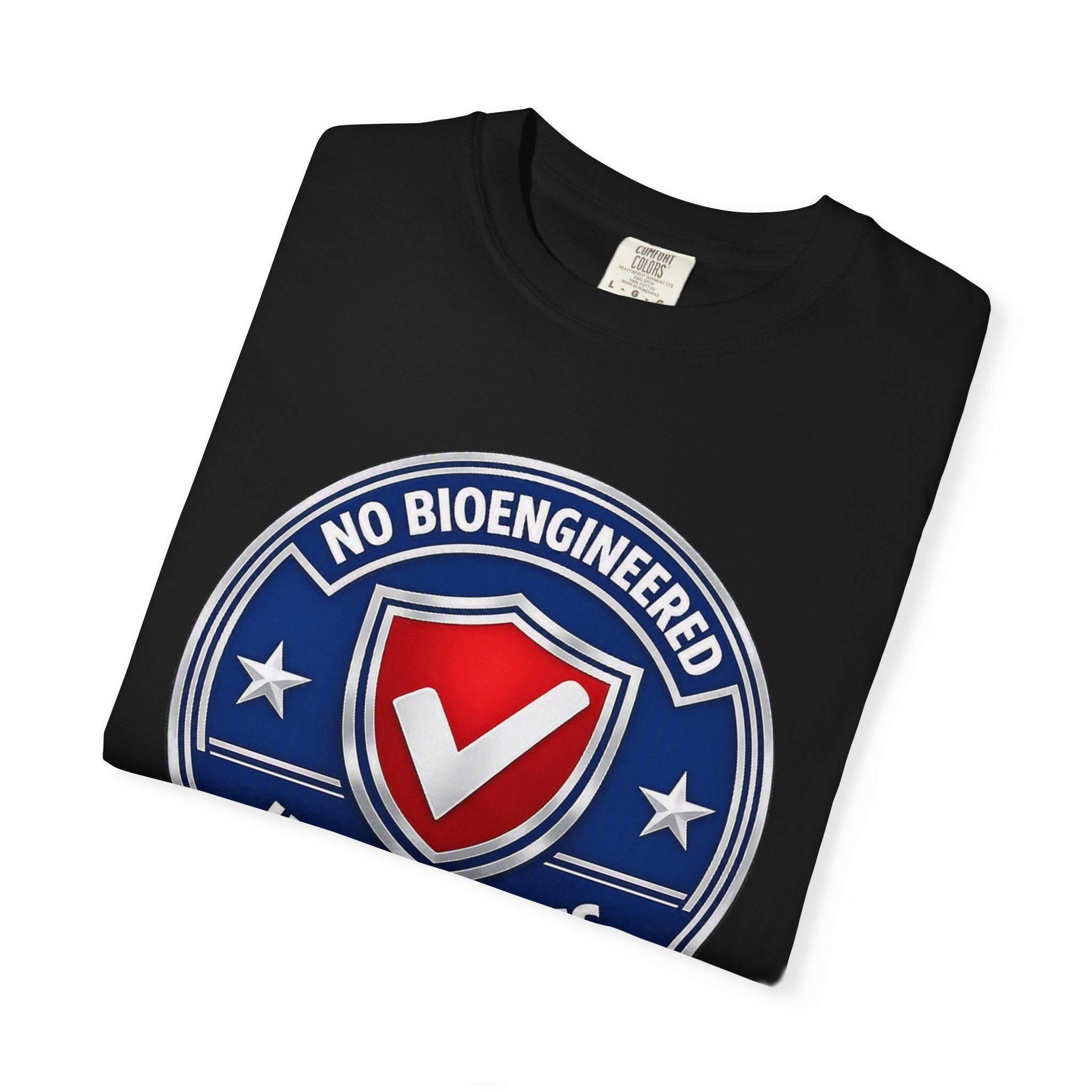No Bioengineered Ingredients T-Shirt — Retro Shield Organic Food Badge Tee