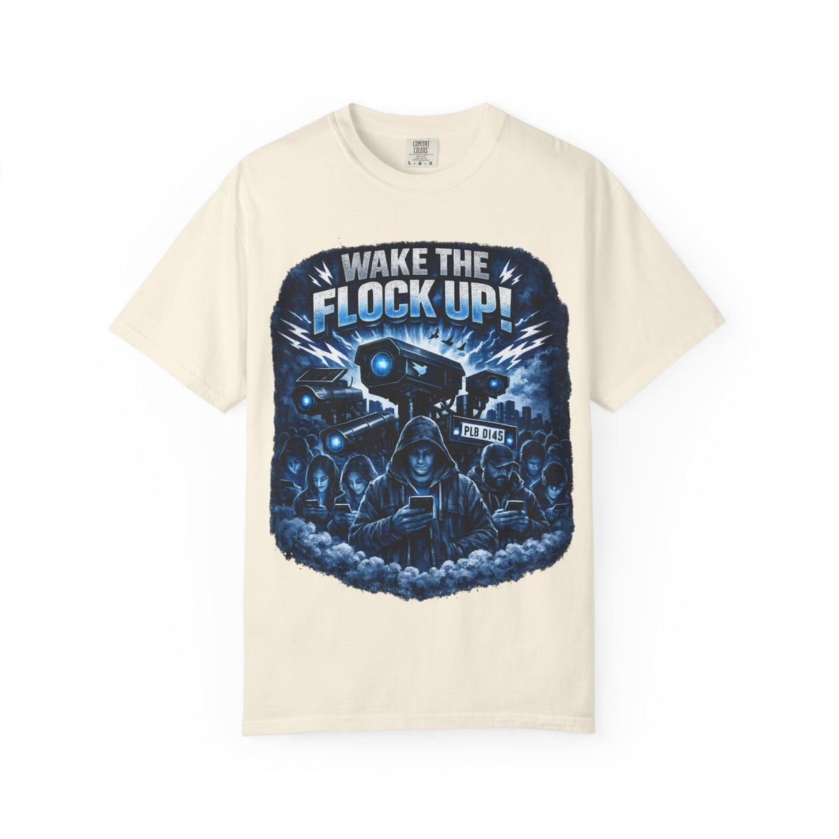 T-Shirt — "Wake the Flock Up" V2 Protest Graphic Tee (Bold Blue Dystopian Design)