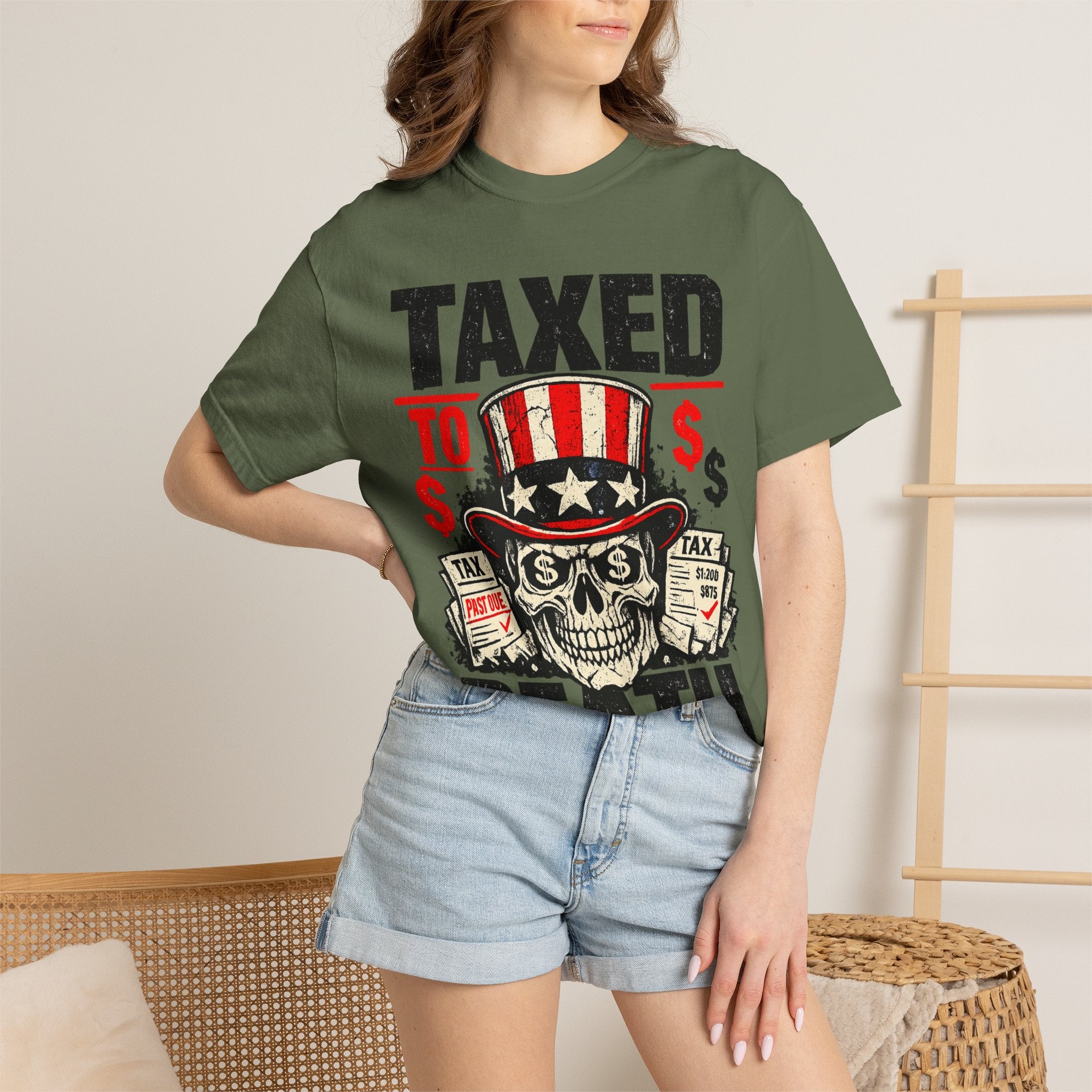 Taxed to Death T-Shirt — Patriotic Skull Tax Humor Tee