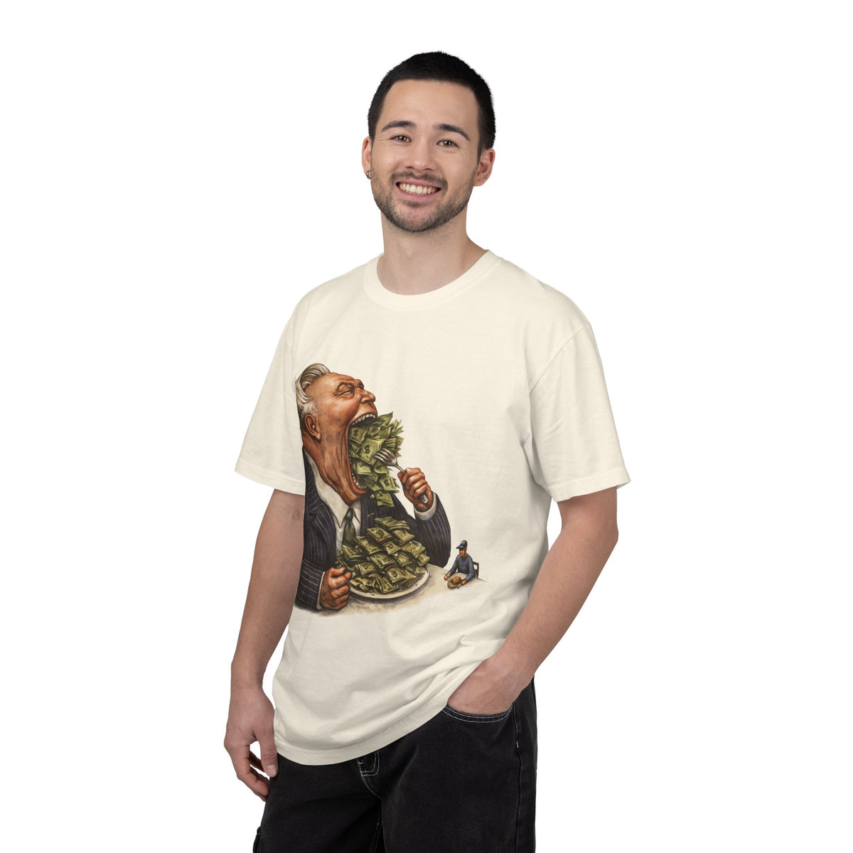 Money Greed Cartoon T-Shirt — Satirical Businessman Eating Cash Tee