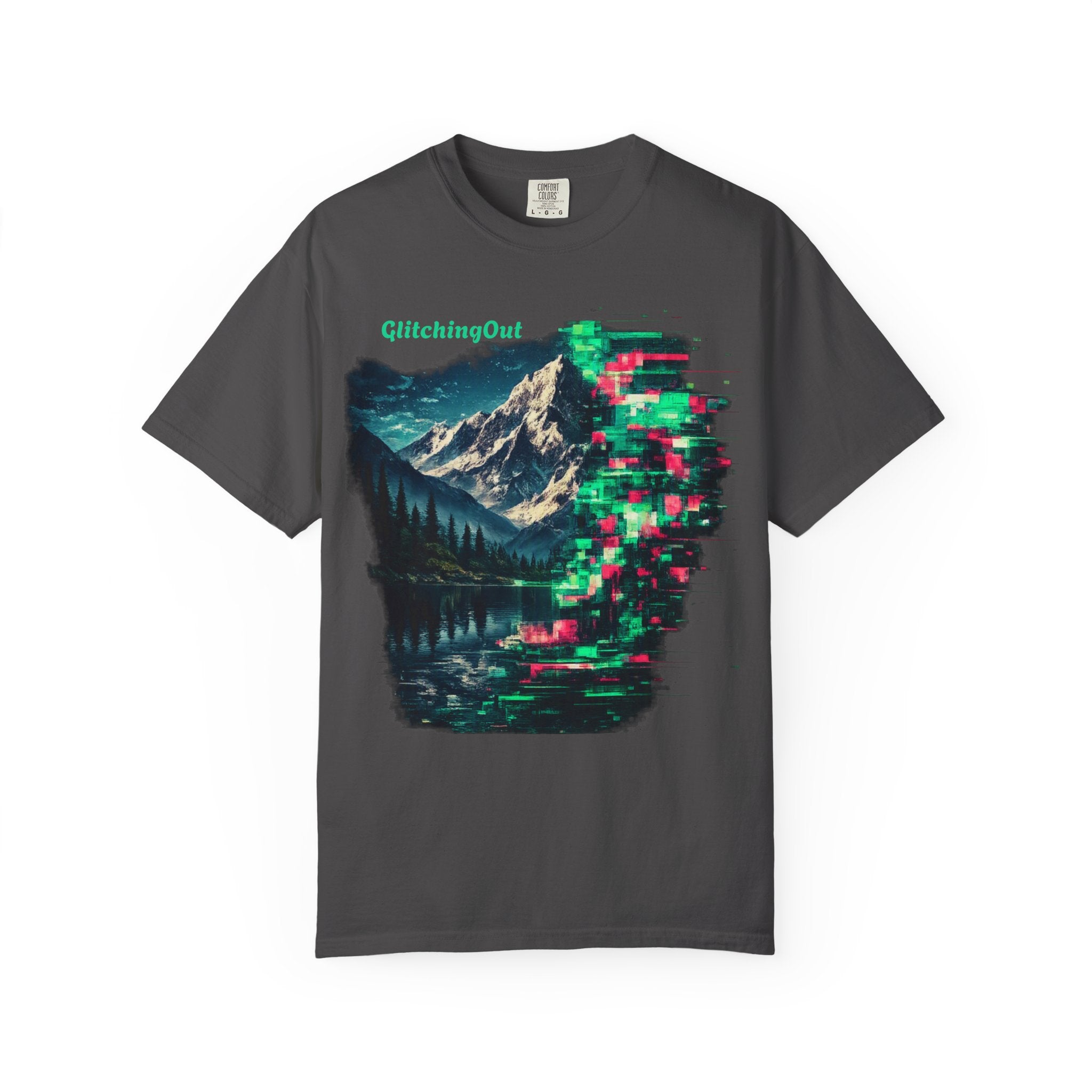 GlitchingOut Mountain Landscape T-Shirt — Retro Glitch Nature Graphic Tee
