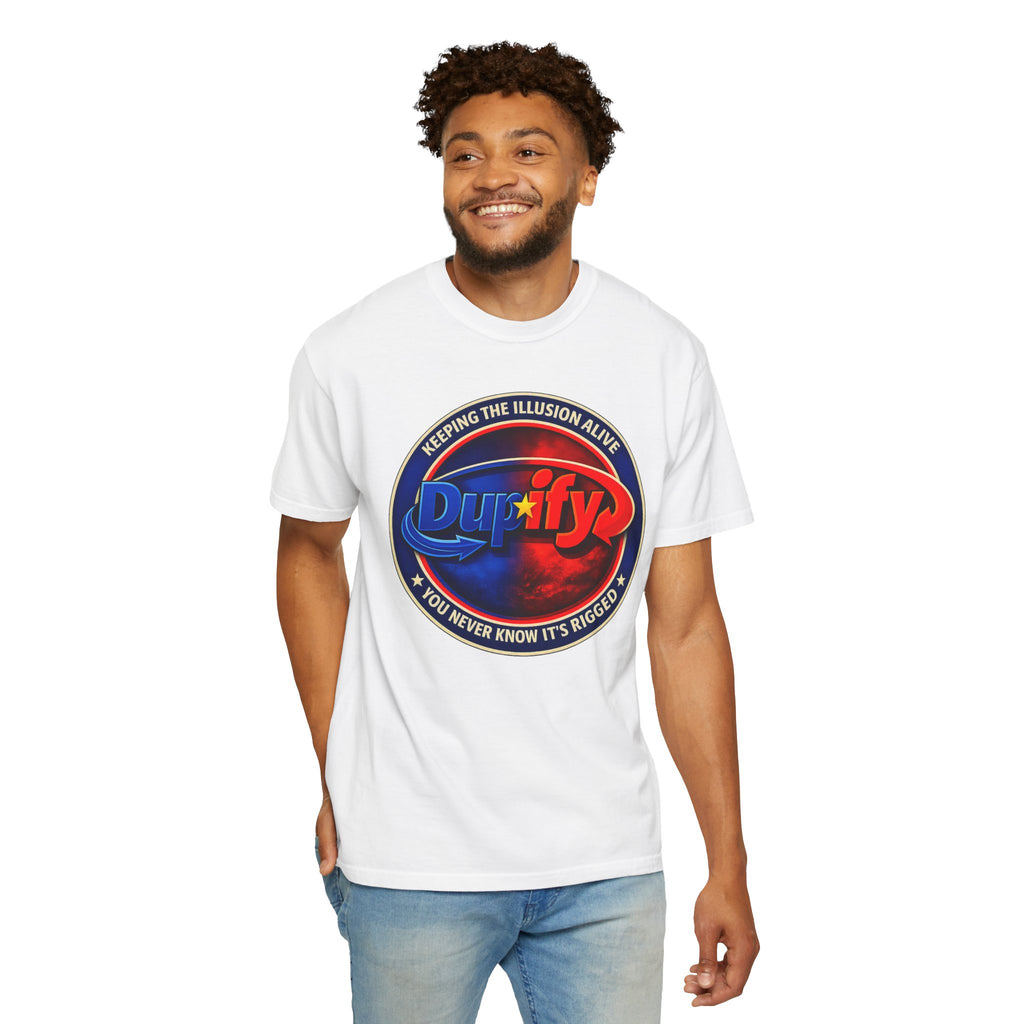 Dupify Graphic T-Shirt — "Keeping the Illusion Alive" Retro Logo Satire Tee