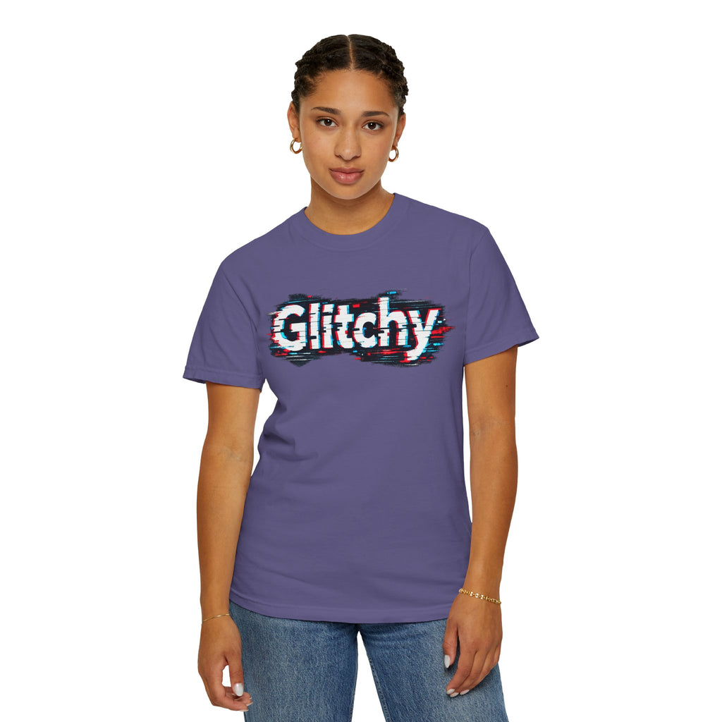 Glitchy Graphic T-Shirt — Retro Glitch Text Tee (Front "GO", Back "Glitchy")