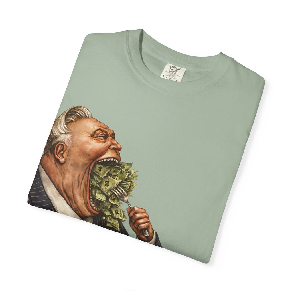 Money Greed Cartoon T-Shirt — Satirical Businessman Eating Cash Tee