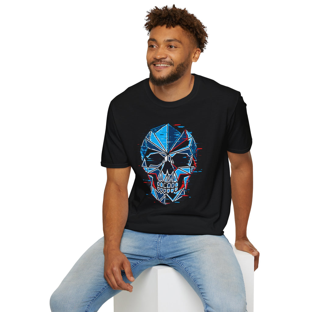 Geometric Blue Glitch Skull T‑Shirt — Edgy Men's & Women's Graphic Tee