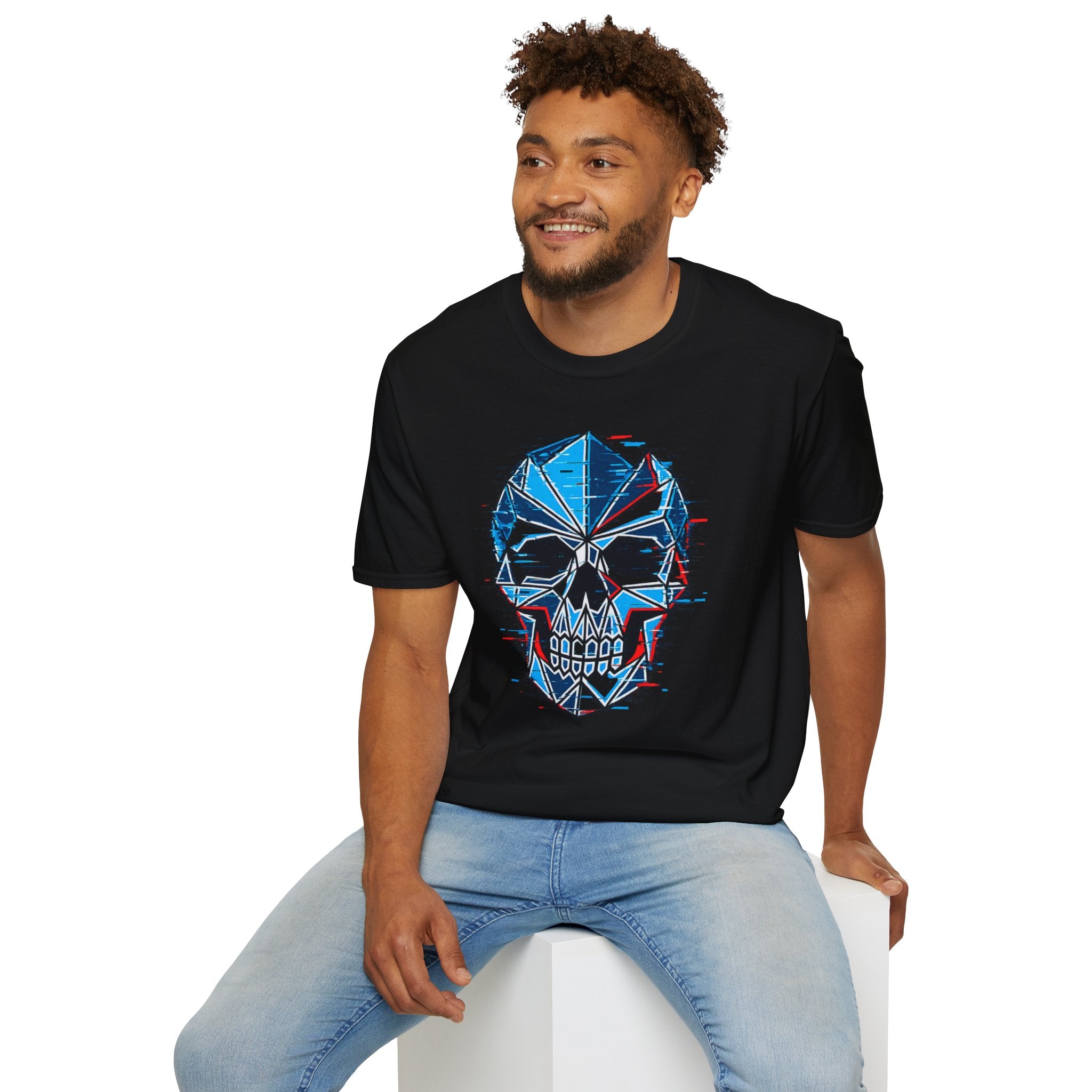Geometric Blue Glitch Skull T‑Shirt — Edgy Men's & Women's Graphic Tee