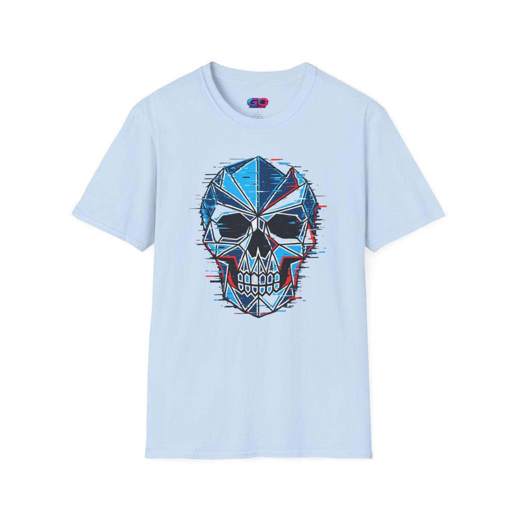 Geometric Blue Glitch Skull T‑Shirt — Edgy Men's & Women's Graphic Tee