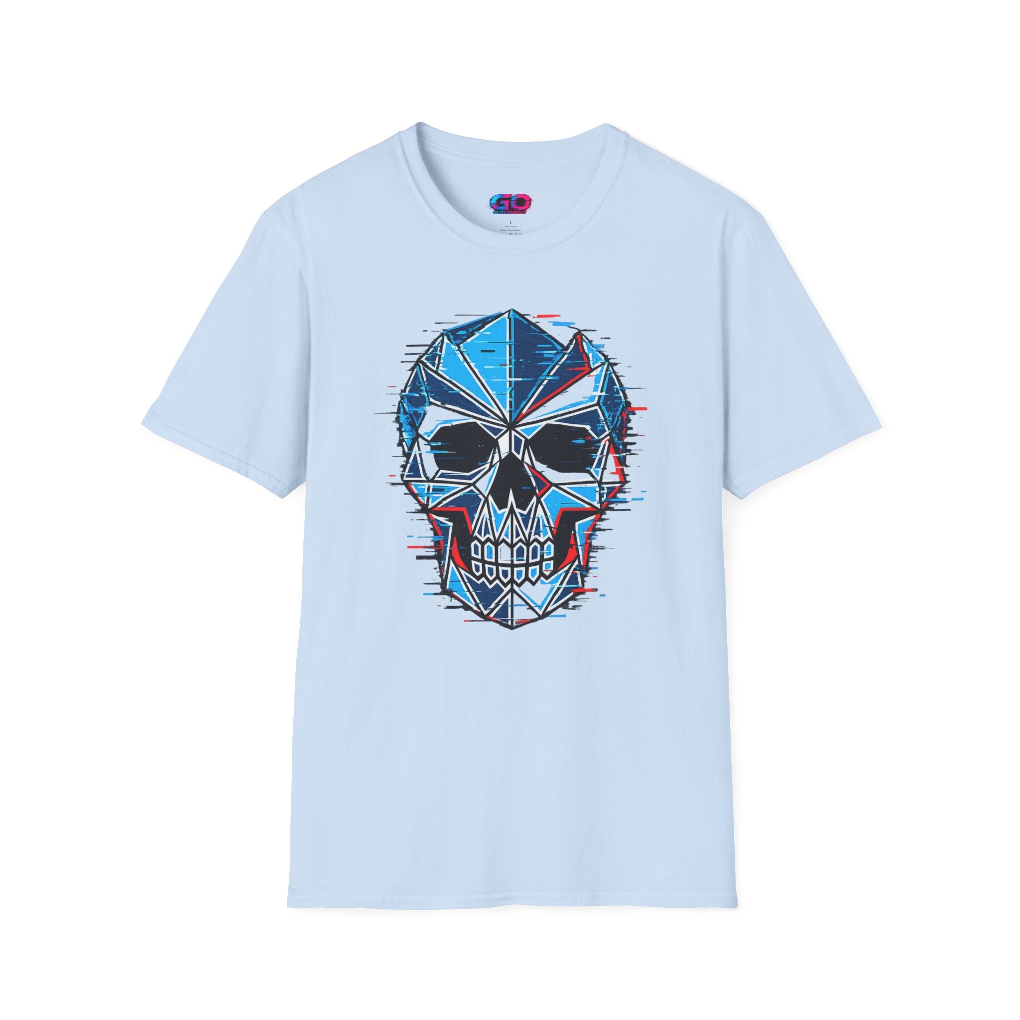 Geometric Blue Glitch Skull T‑Shirt — Edgy Men's & Women's Graphic Tee