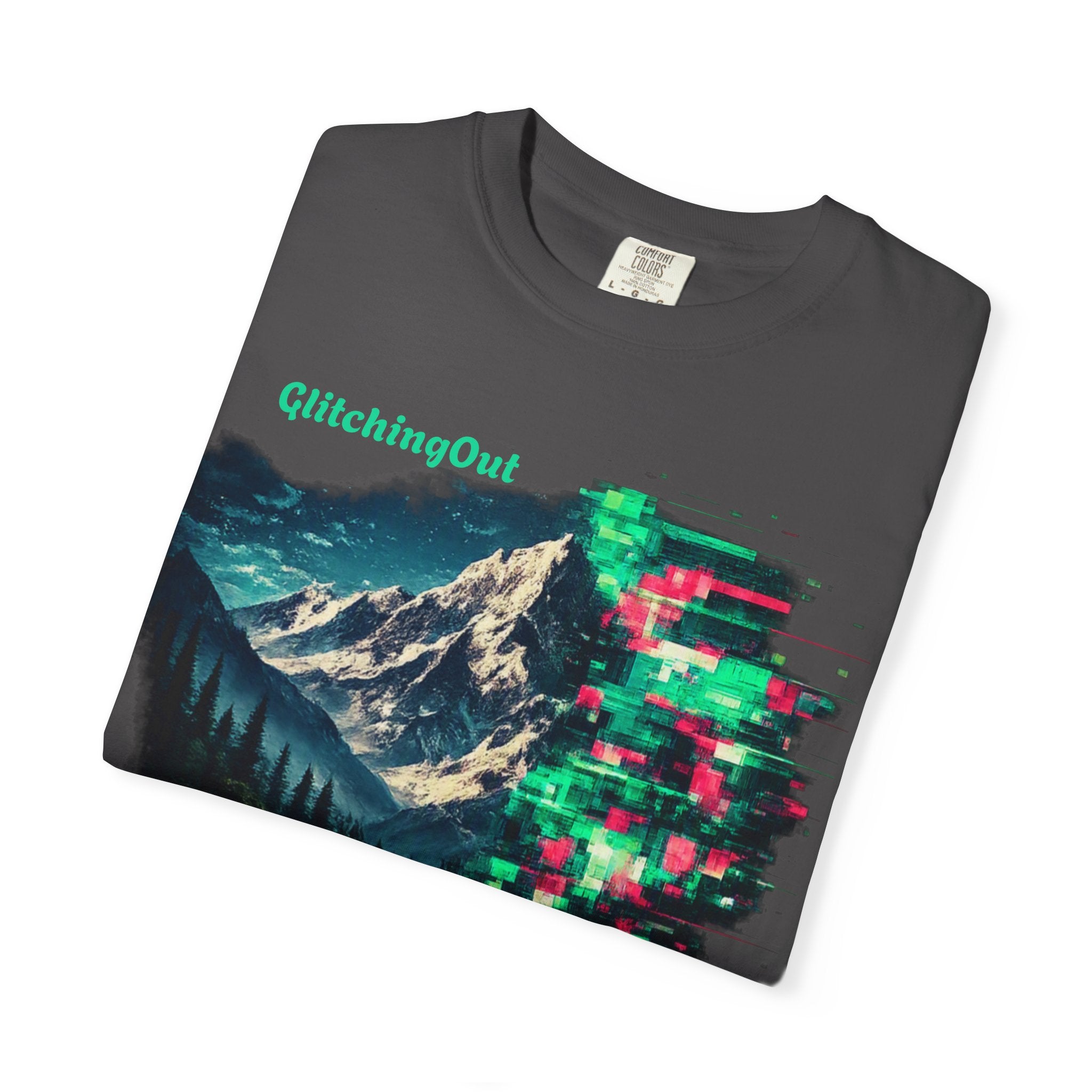 GlitchingOut Mountain Landscape T-Shirt — Retro Glitch Nature Graphic Tee