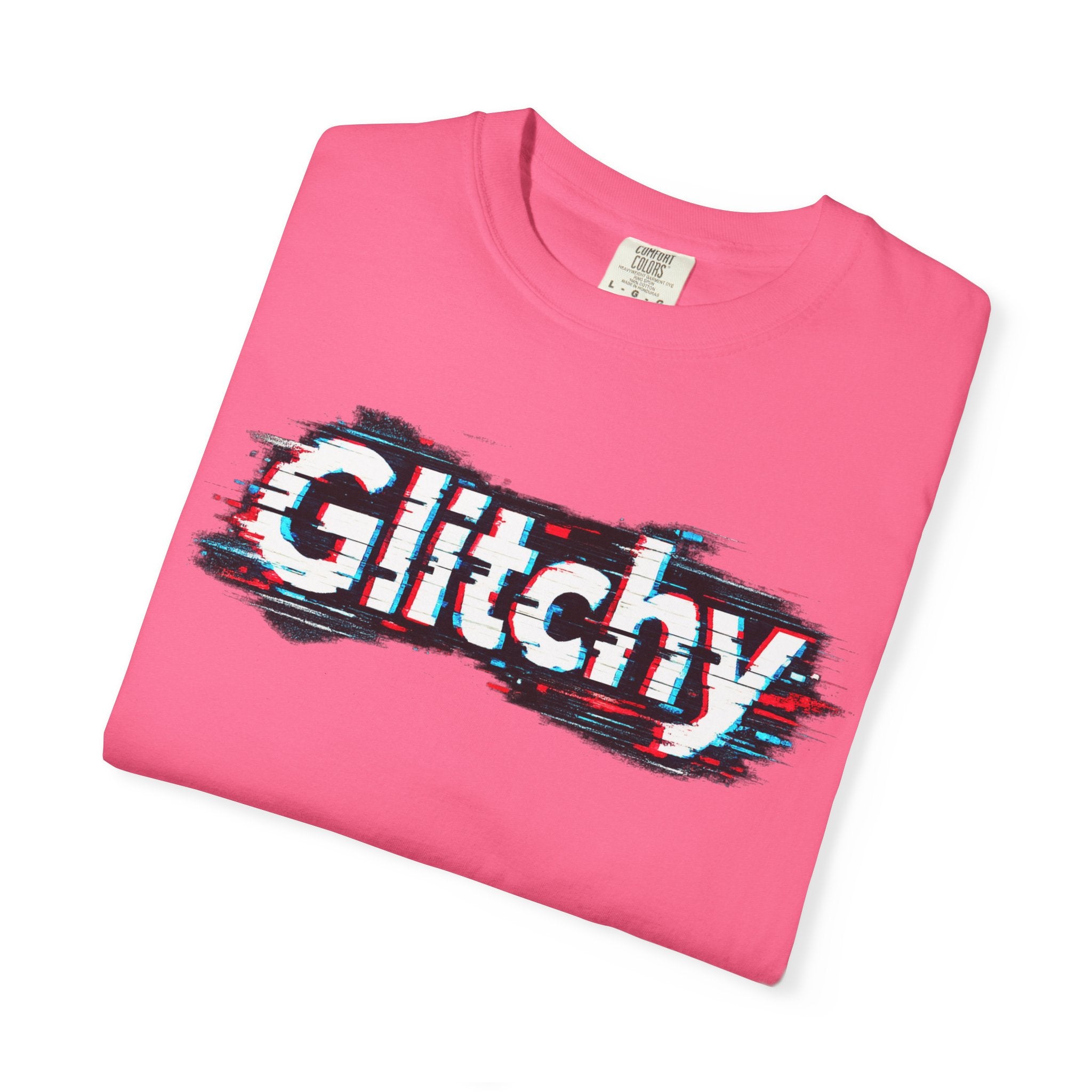 Glitchy Graphic T-Shirt — Retro Glitch Text Tee (Front "GO", Back "Glitchy")