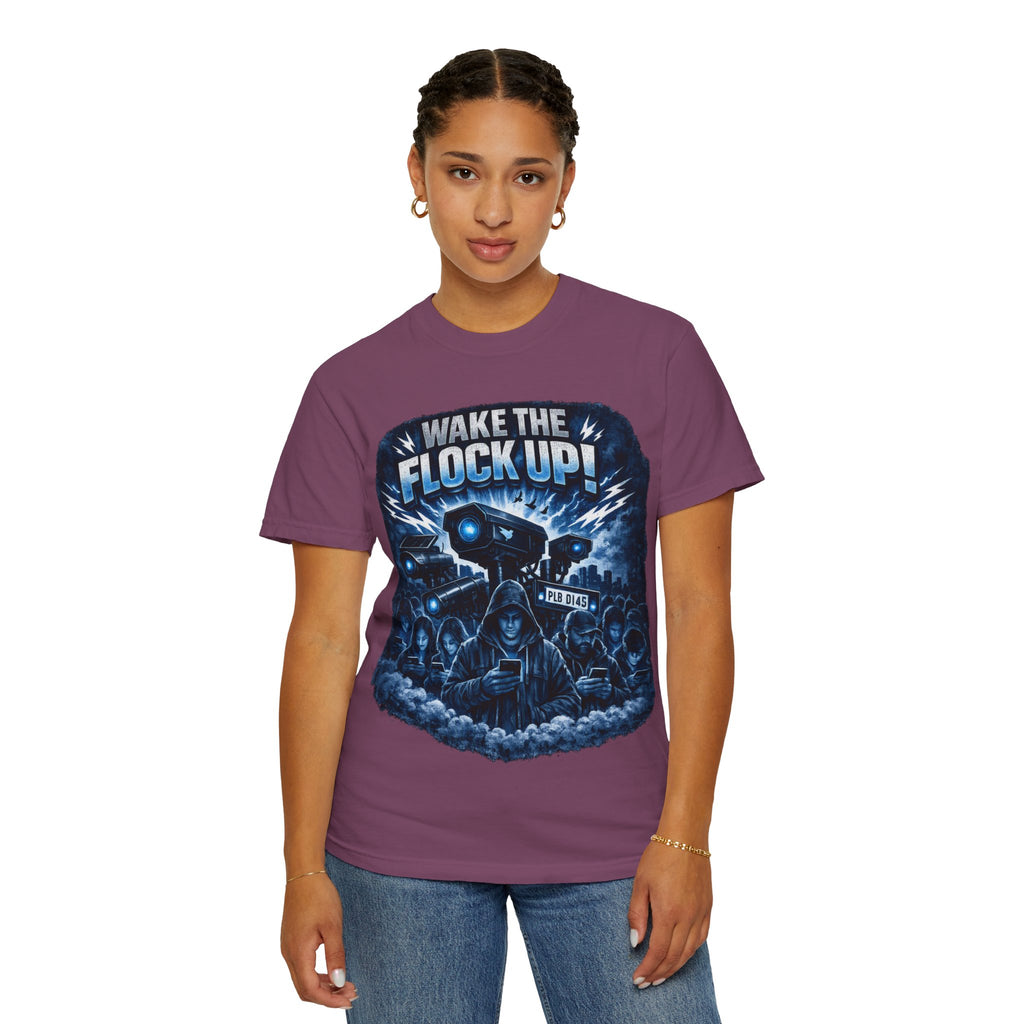 T-Shirt — "Wake the Flock Up" V2 Protest Graphic Tee (Bold Blue Dystopian Design)