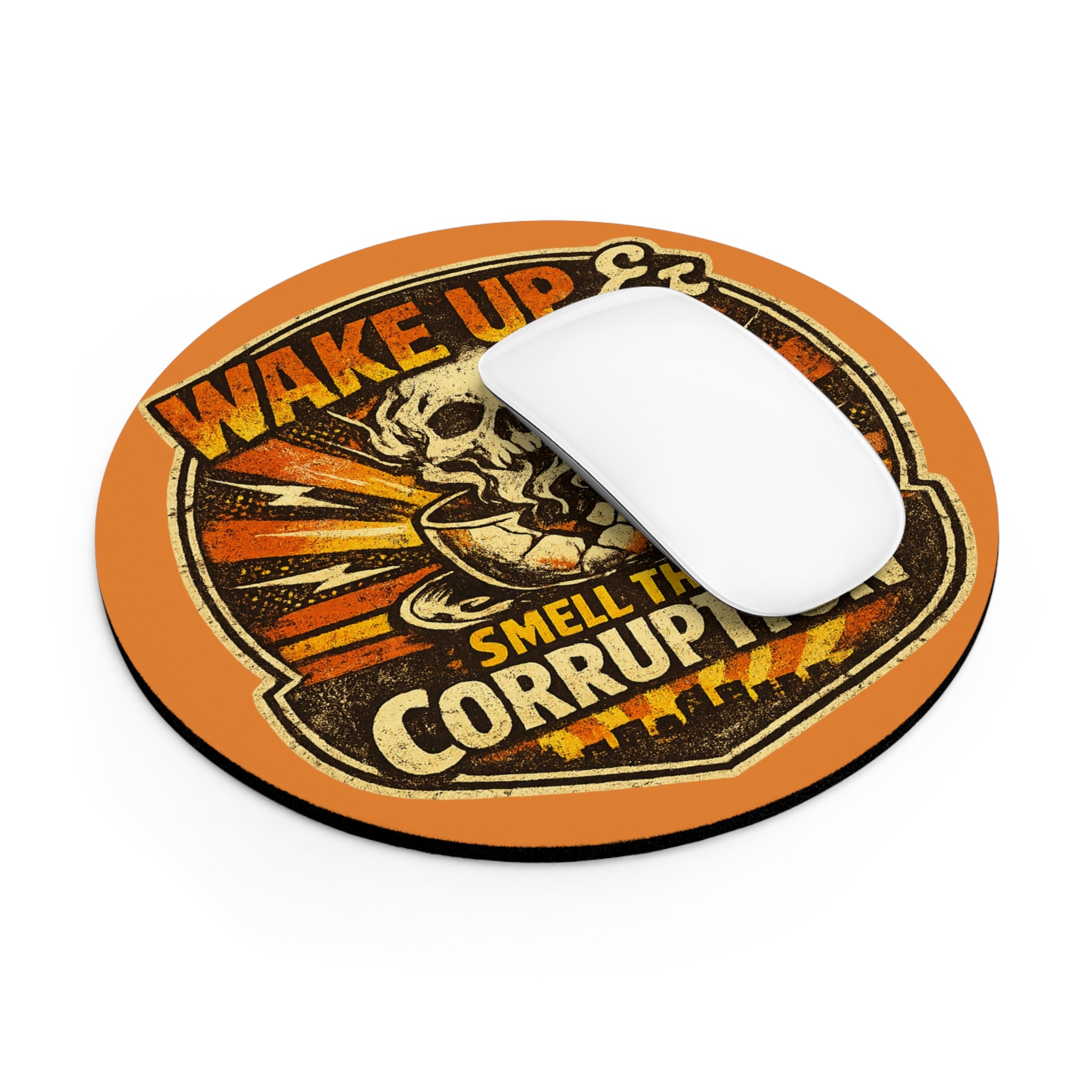 Wake Up & Smell the Corruption Round Mouse Pad — Retro Skull Coffee Desk Mat