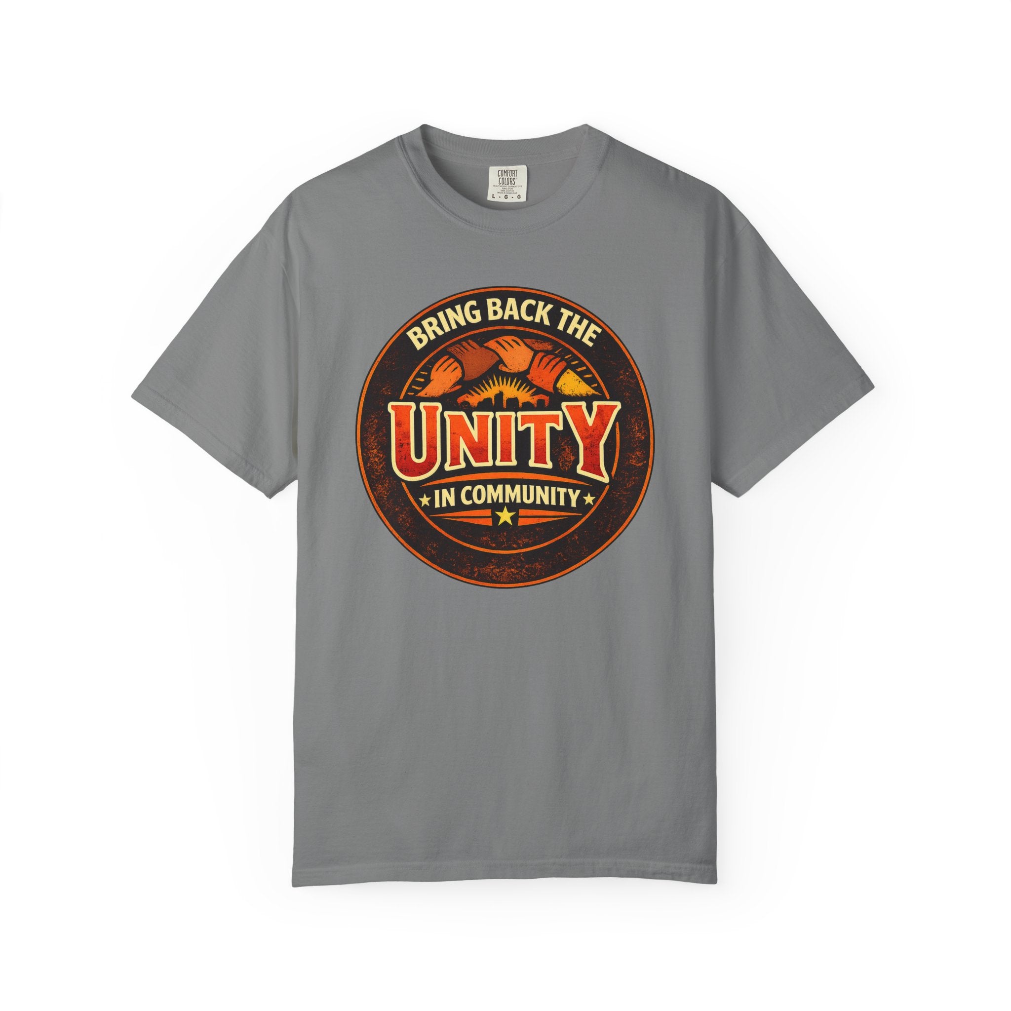 Unity Graphic T-Shirt — "Bring Back the Unity in Community" Vintage Badge Design