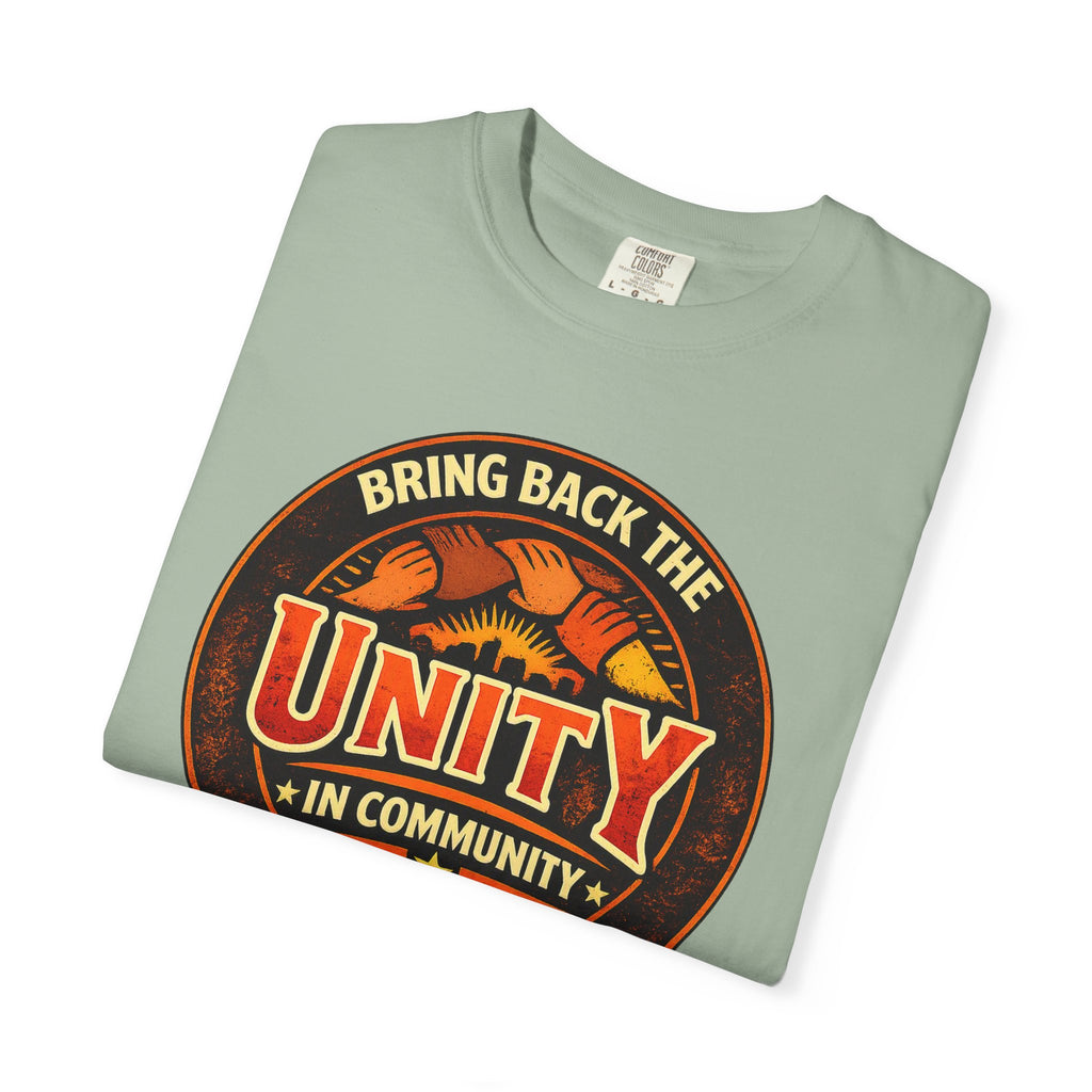 Unity Graphic T-Shirt — "Bring Back the Unity in Community" Vintage Badge Design