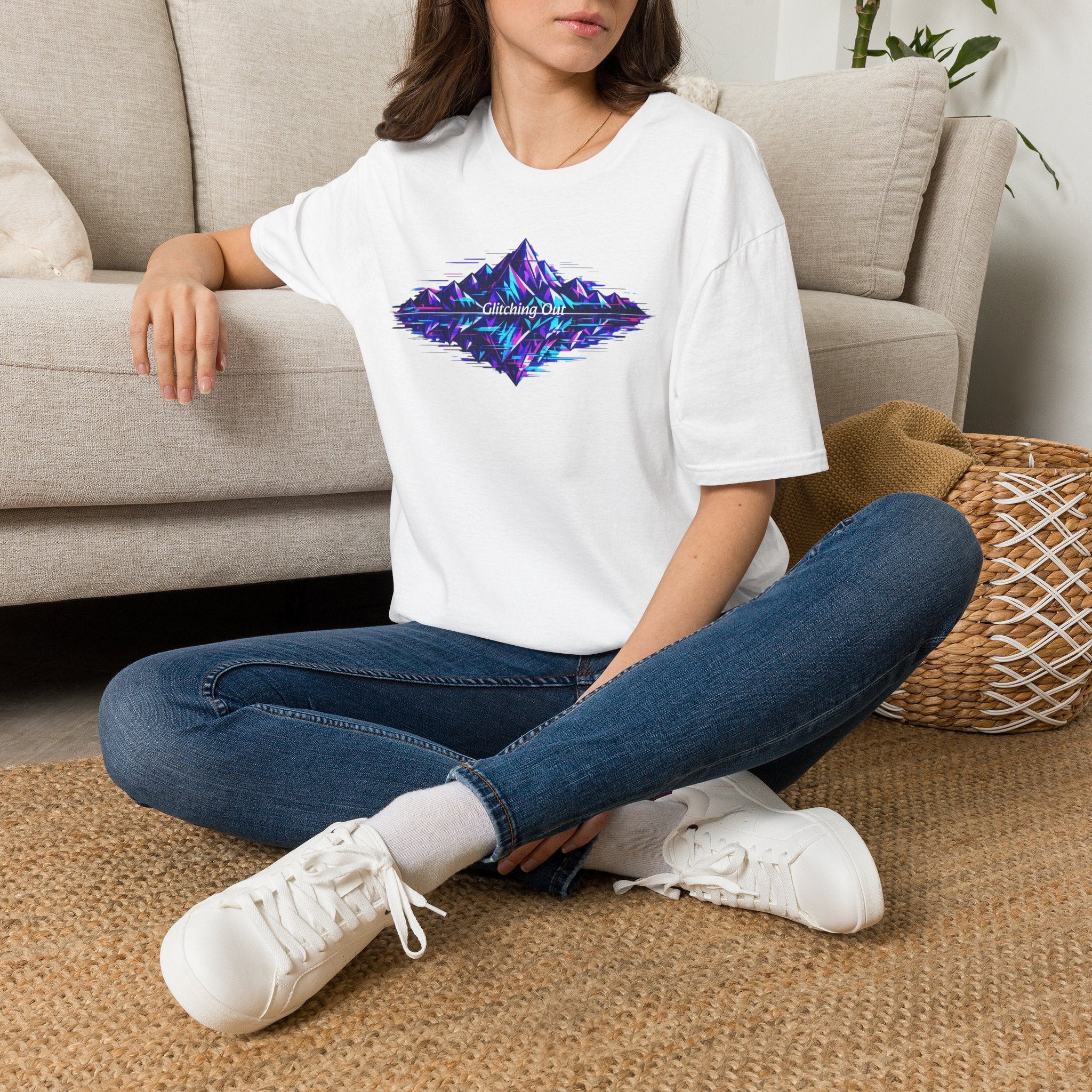 Graphic T-Shirt — 'Glitching Out' Neon Mountain Vaporwave Design