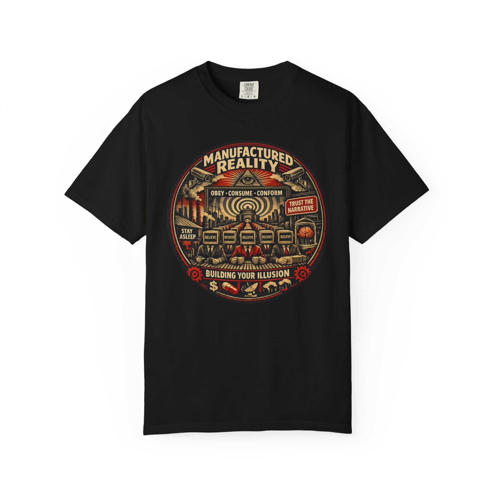 Manufactured Reality Graphic "Building Your Illusion" Vintage Protest — T-Shirt