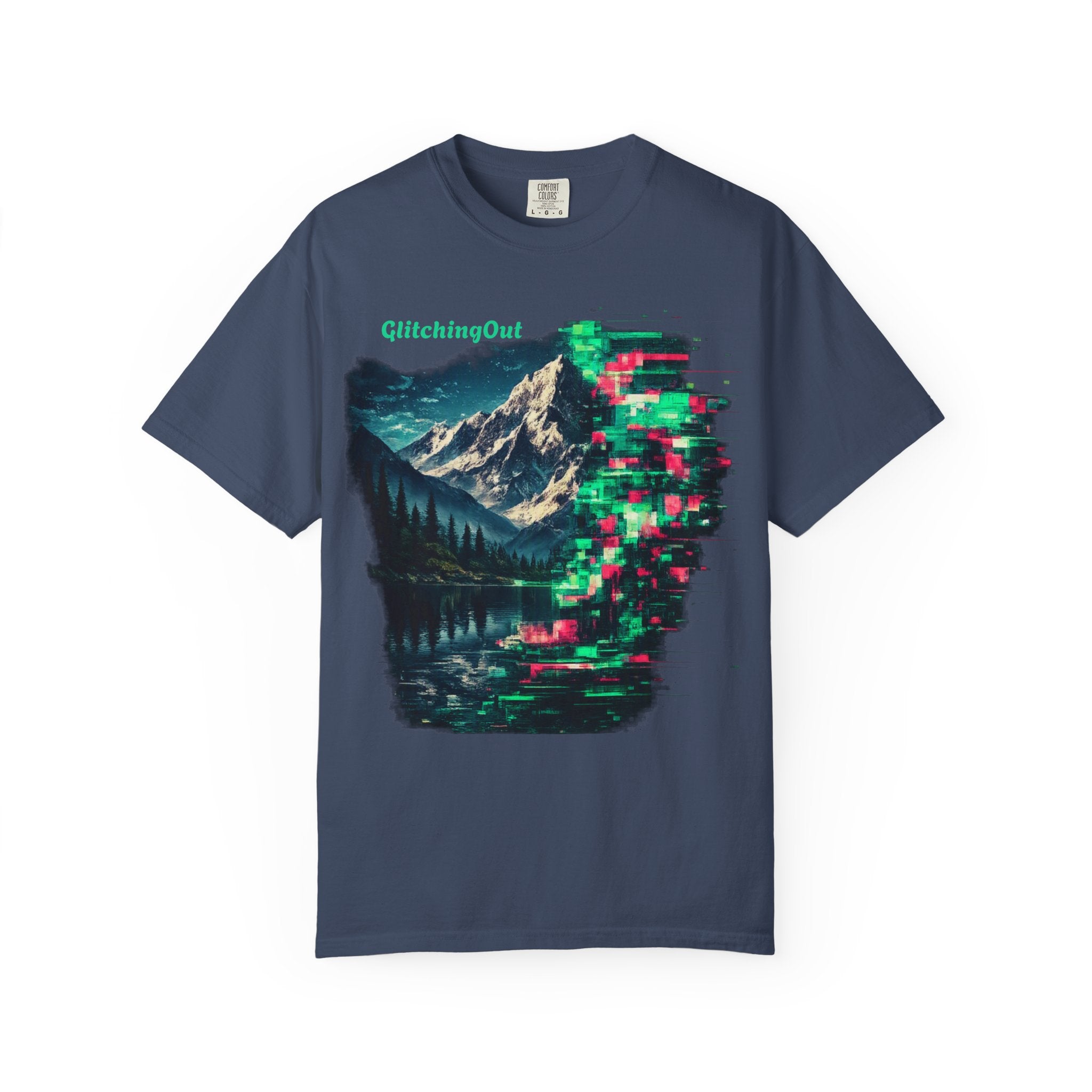 GlitchingOut Mountain Landscape T-Shirt — Retro Glitch Nature Graphic Tee