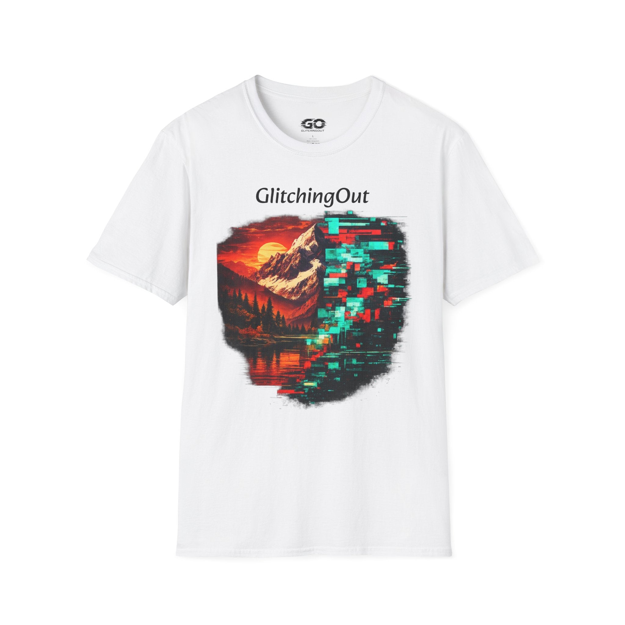 Graphic T-Shirt — "Glitching Out" Mountain Sunset Pixel Art