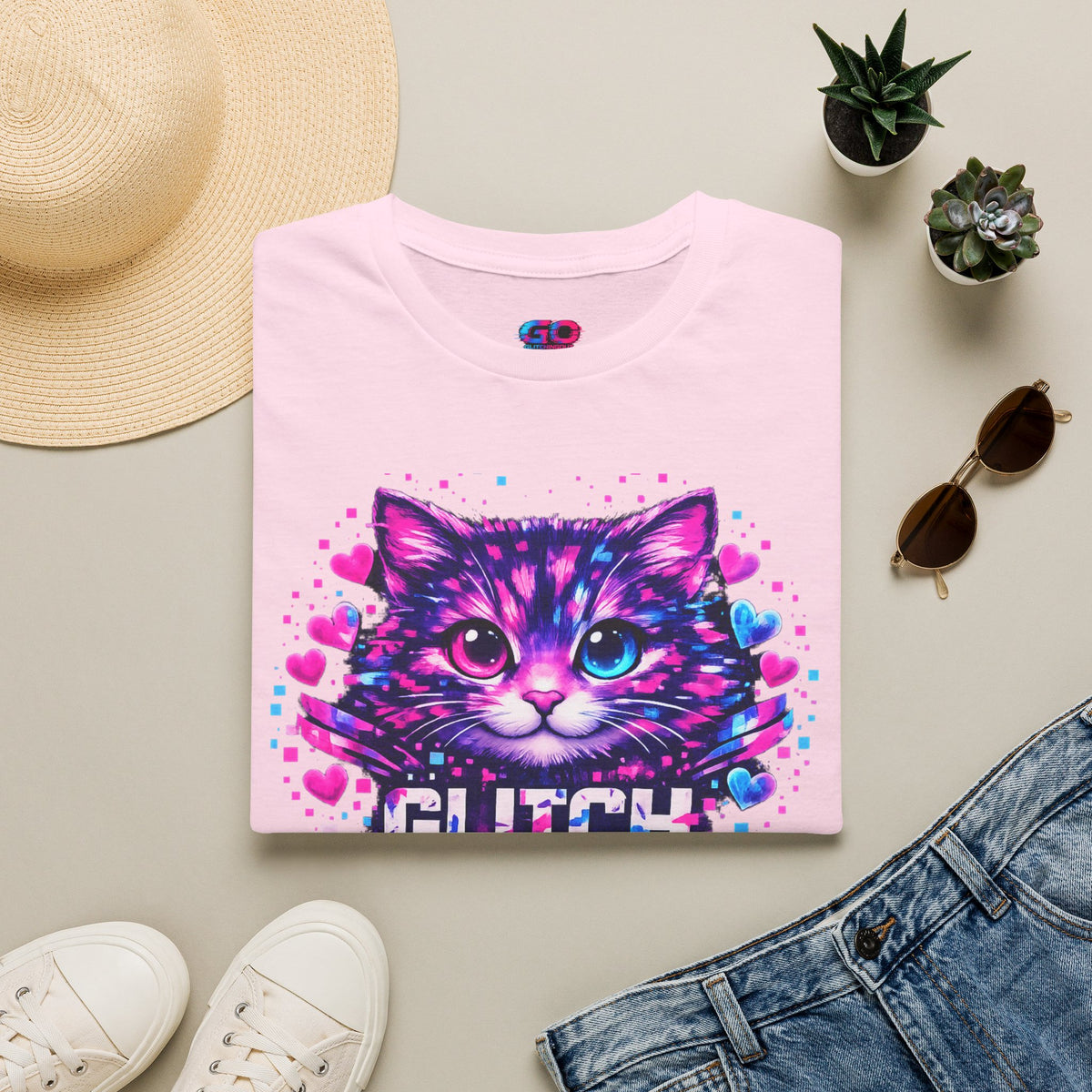 Glitch Cat T-Shirt — Retro Neon Kitty “Glitch the System” Graphic Tee