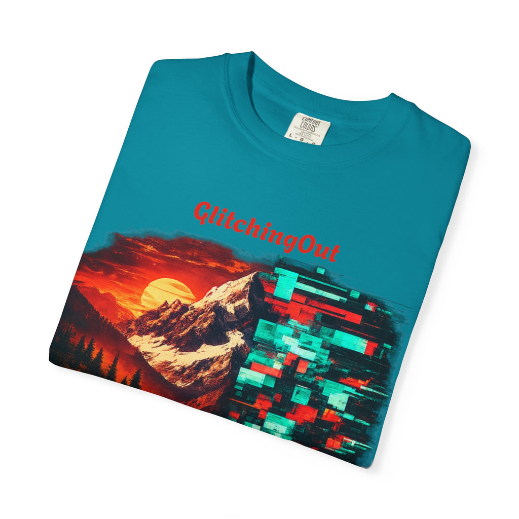 Graphic T-Shirt — "Glitching Out" Mountain Sunset Pixel Art