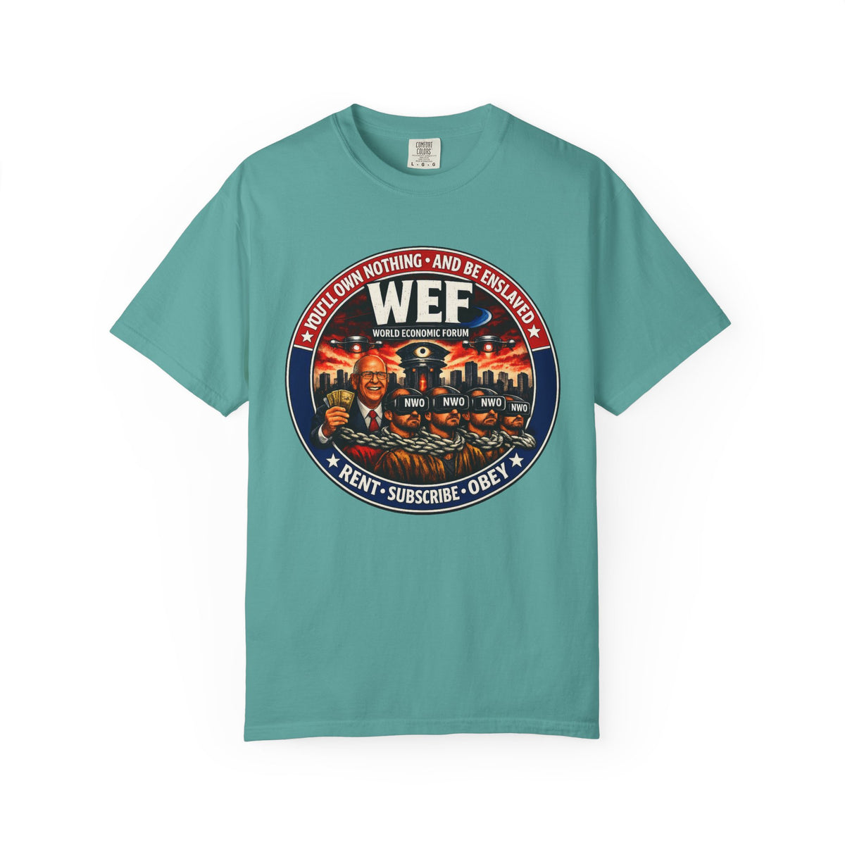 T-Shirt — WEF Dystopian Retro Logo “Rent • Subscribe • Obey”
