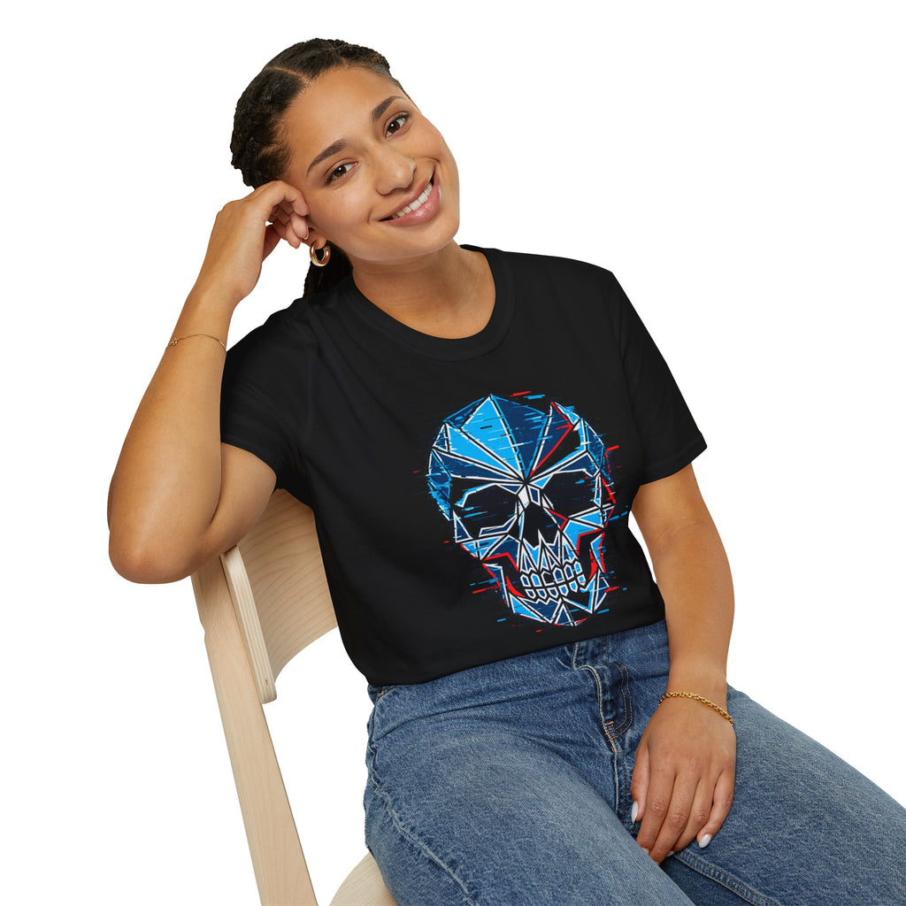 Geometric Blue Glitch Skull T‑Shirt — Edgy Men's & Women's Graphic Tee