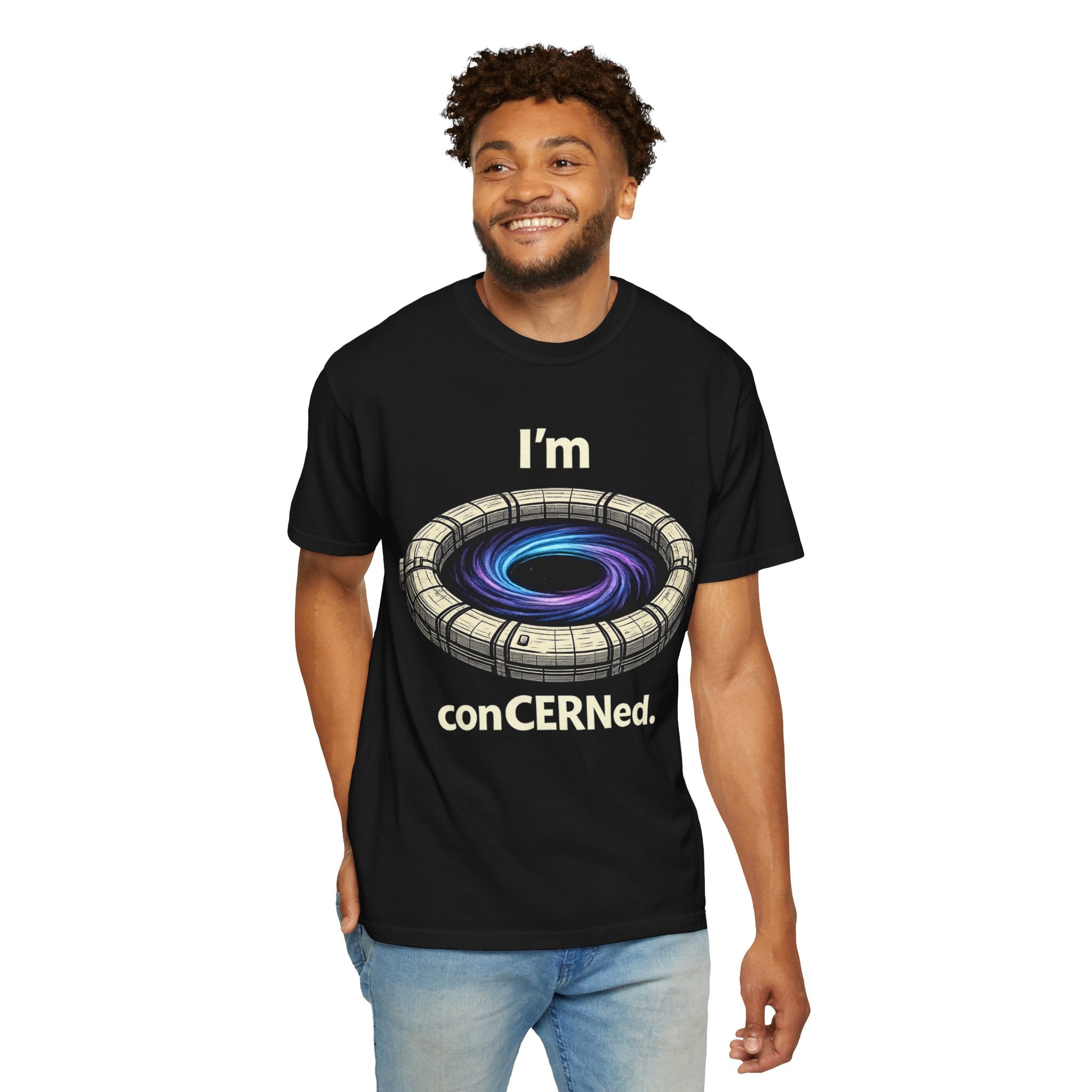 T-Shirt — "I'm conCERNed." Black Hole CERN Physics Science Tee
