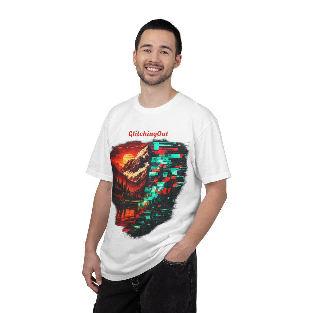 Graphic T-Shirt — "Glitching Out" Mountain Sunset Pixel Art