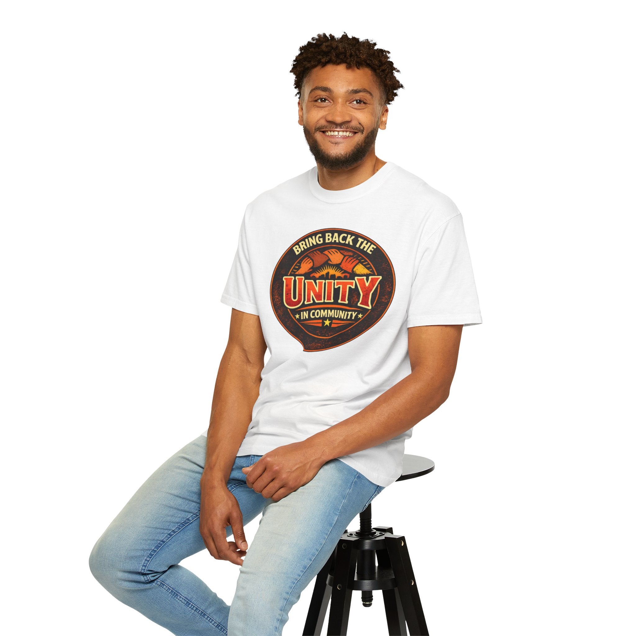 Unity Graphic T-Shirt — "Bring Back the Unity in Community" Vintage Badge Design